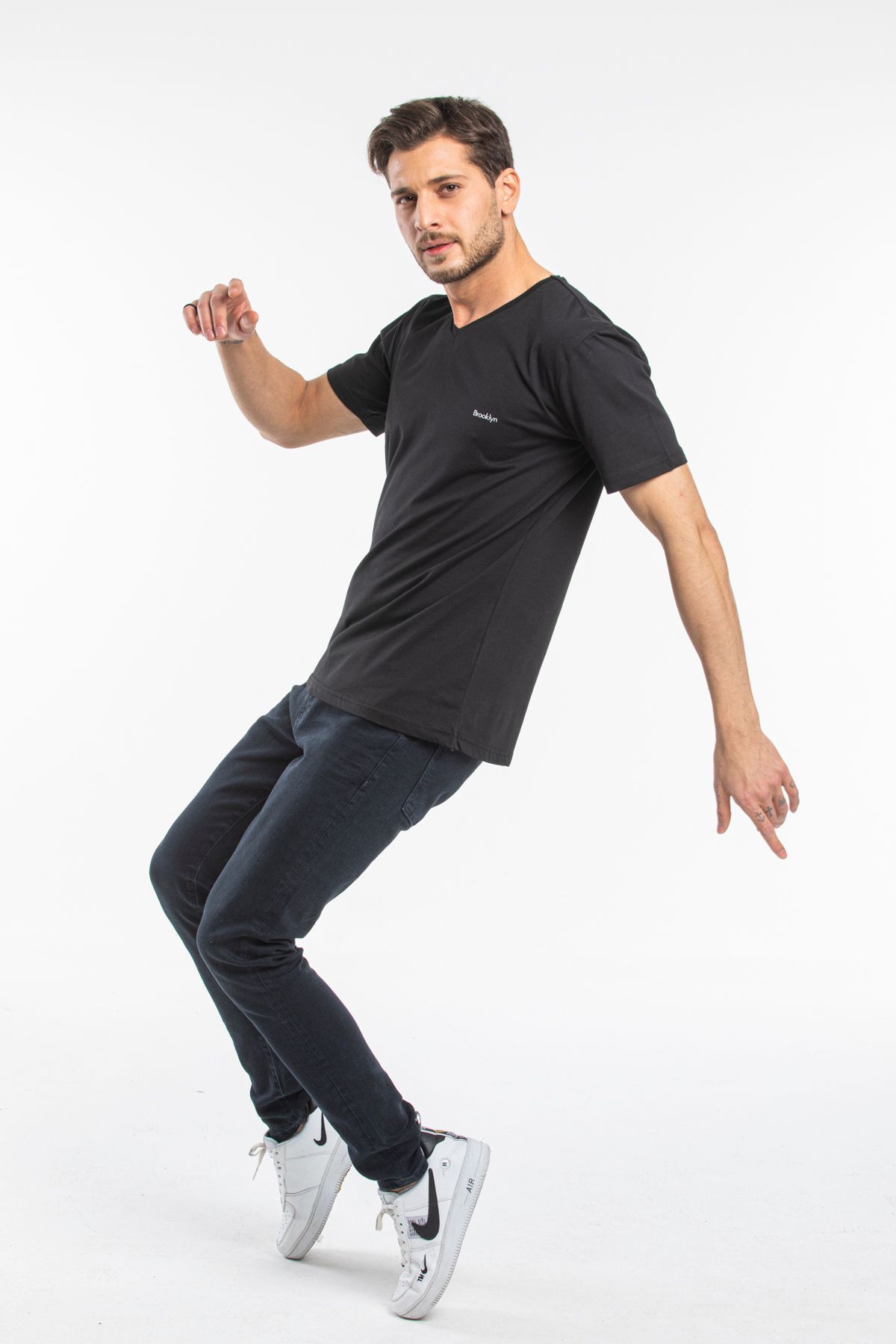 Superlife-Süperlife Men V Neck Slim Fit Brooklyn Printed Short Sleeve t Shirt Spr 265 5