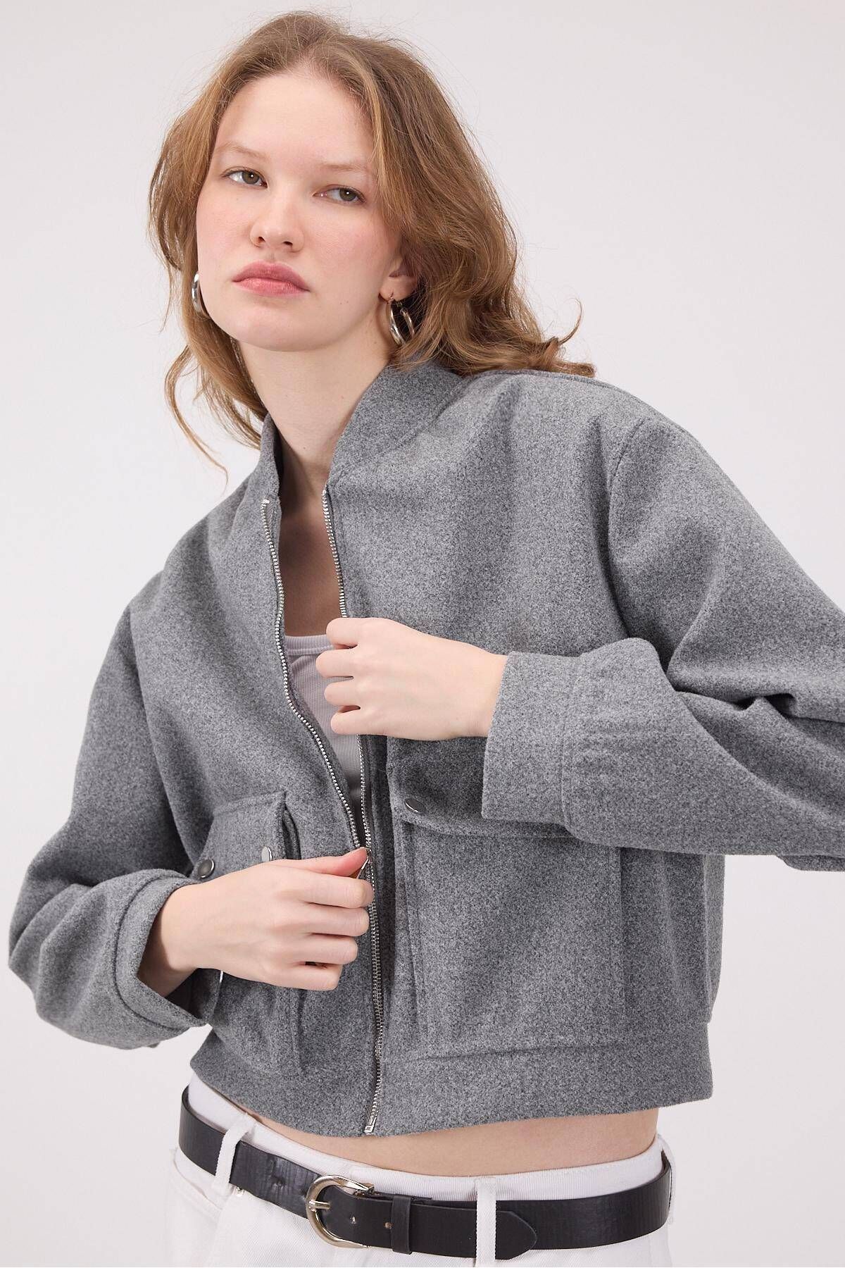 Addax-Zippered Stamped Bomber Jacket C13711-R5 3