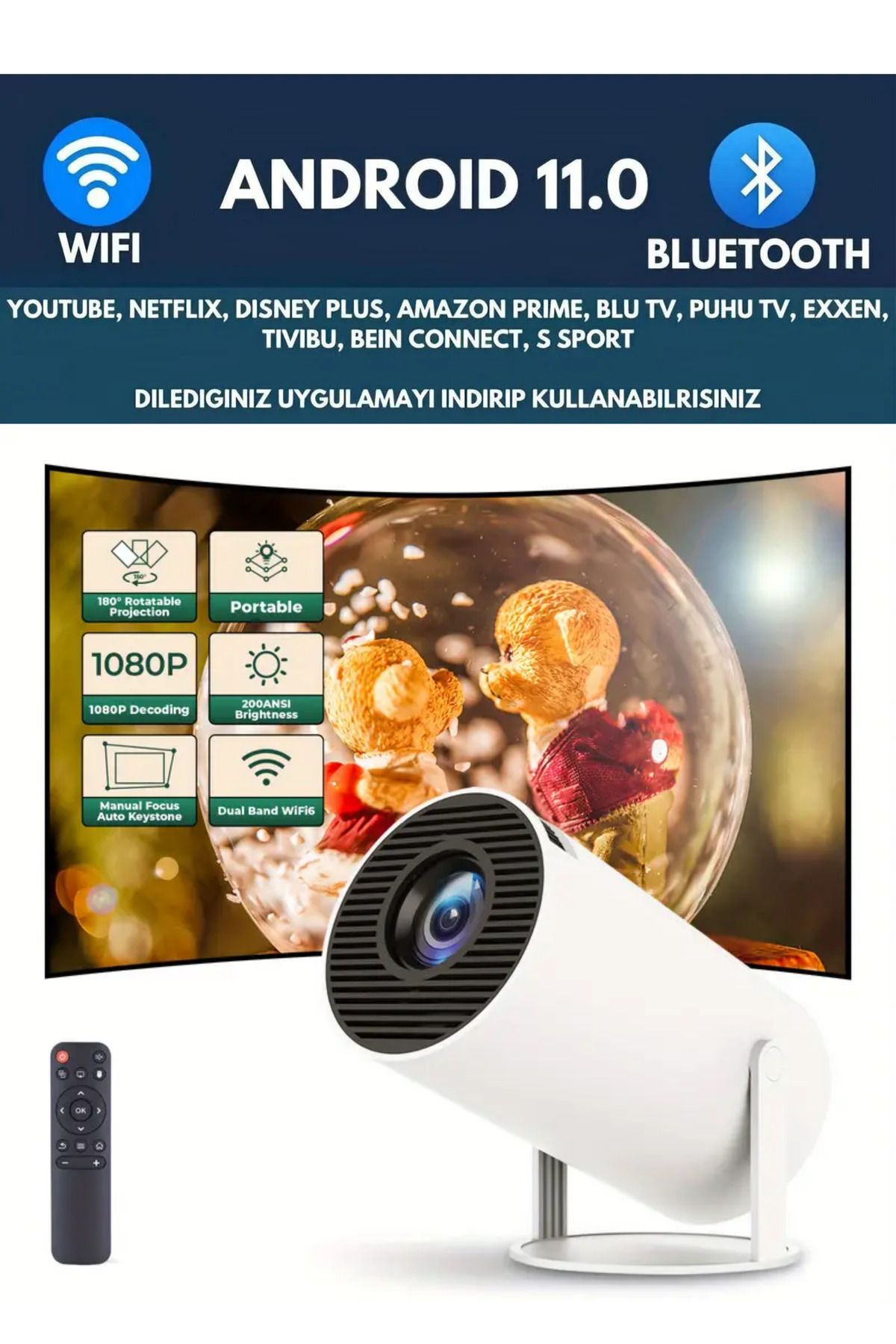 Laraheiser 1280 * 720P Akıllı WIFI projektörü Taşınabilir Bluetooth TV Ev sineması Mini Projektör Android