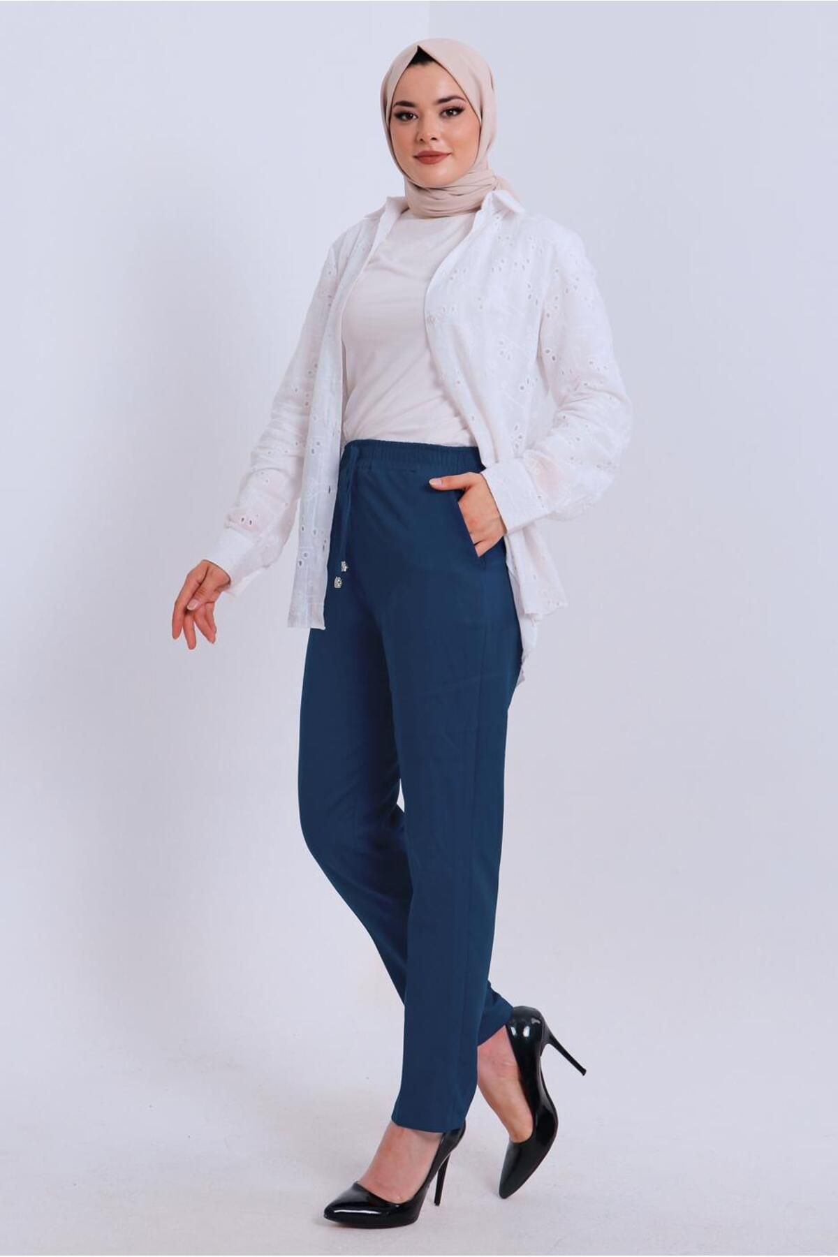 TRENDTESETTÜR-Navy Blue Indigo Women's Trousers - Elastic Waist t 80004 3