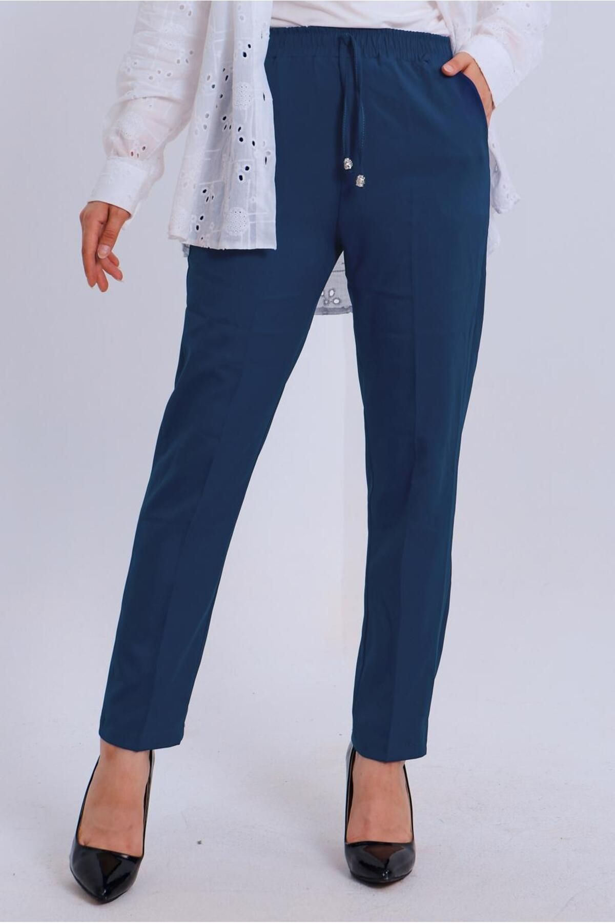 TRENDTESETTÜR-Navy Blue Indigo Women's Trousers - Elastic Waist t 80004 1