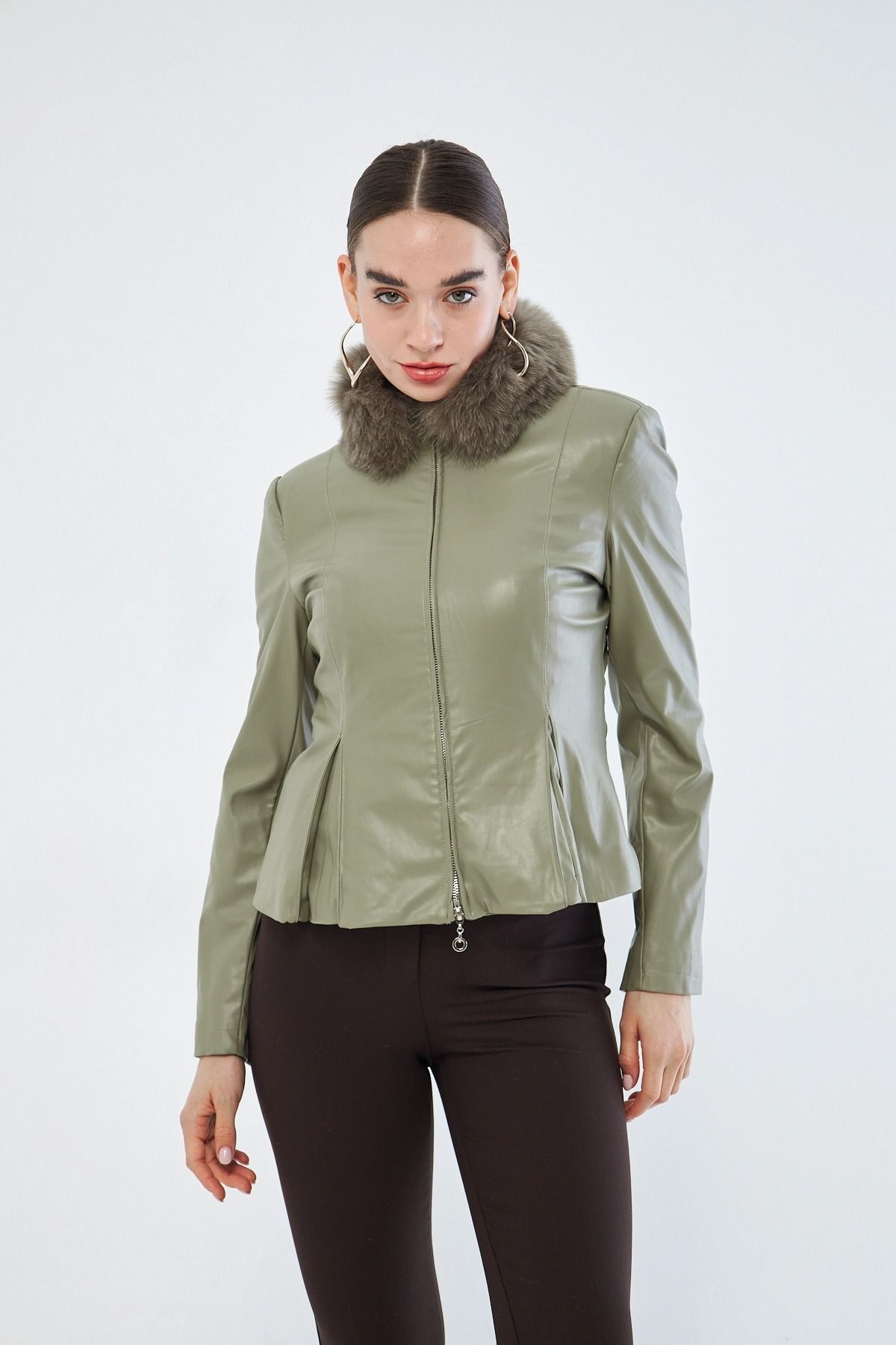 Mizalle-Leather Detailed Short Light Khaki Coat 1