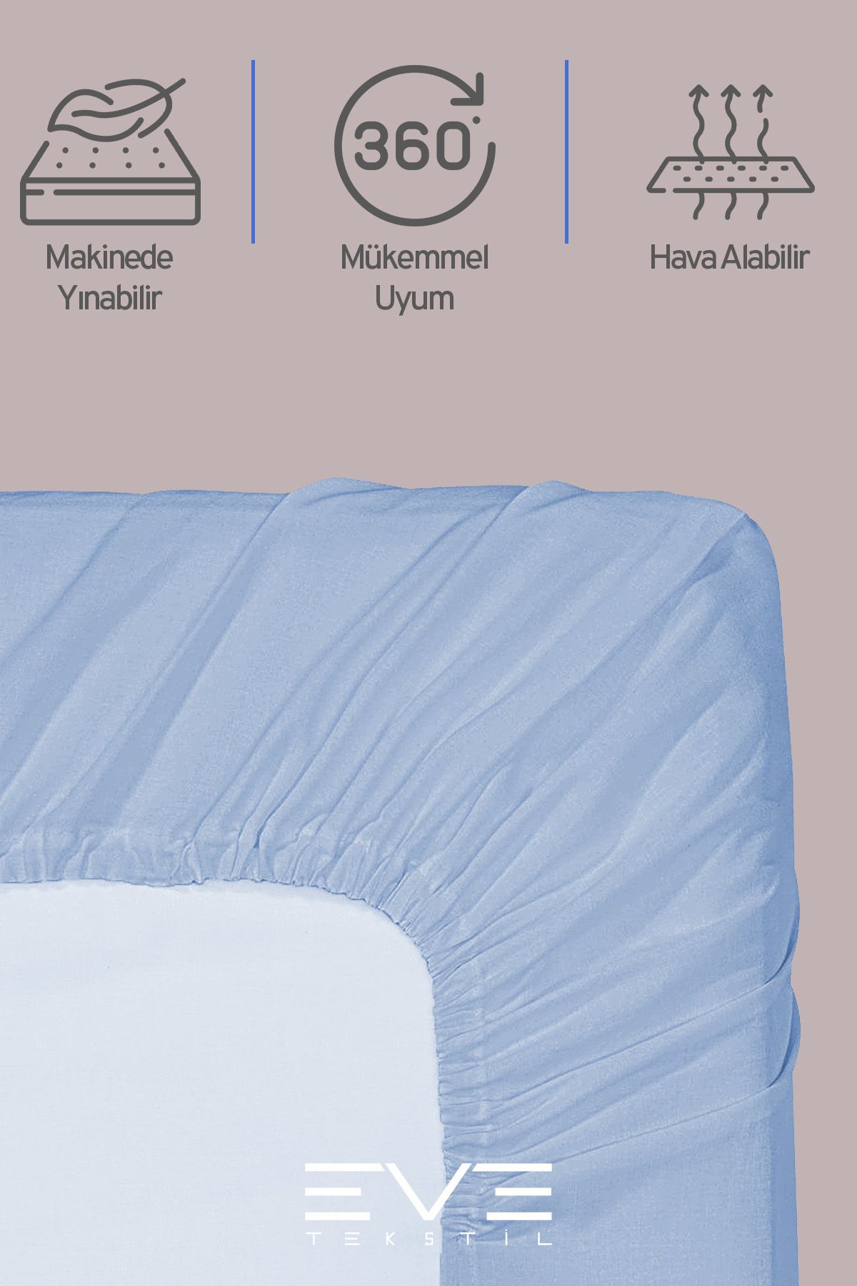 Eve Tekstil-Double Rainforce Fabric Elastic Sheet and Pillow Case Set 3