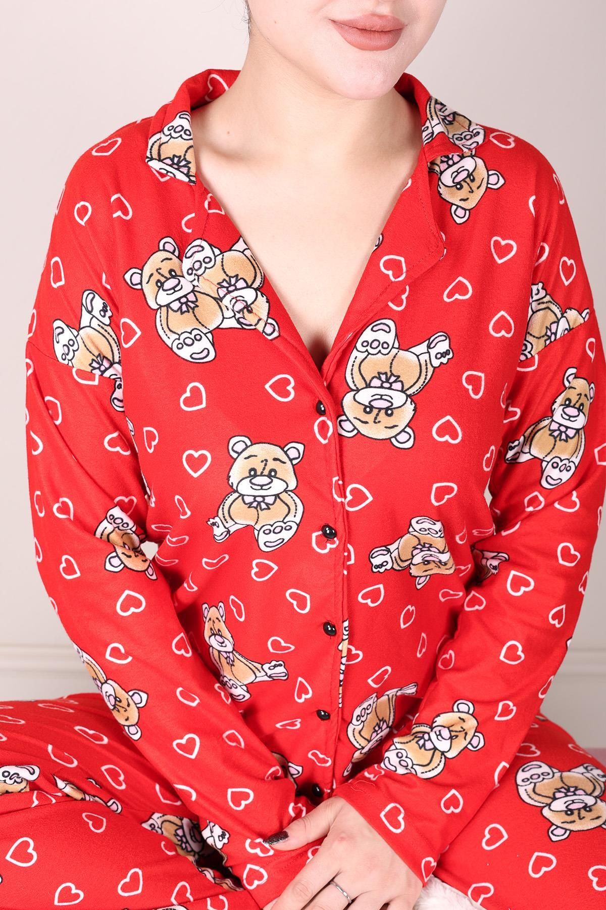 Niket Life-Red Suede Pajama Set - Teddy Bear Pattern and Button 3