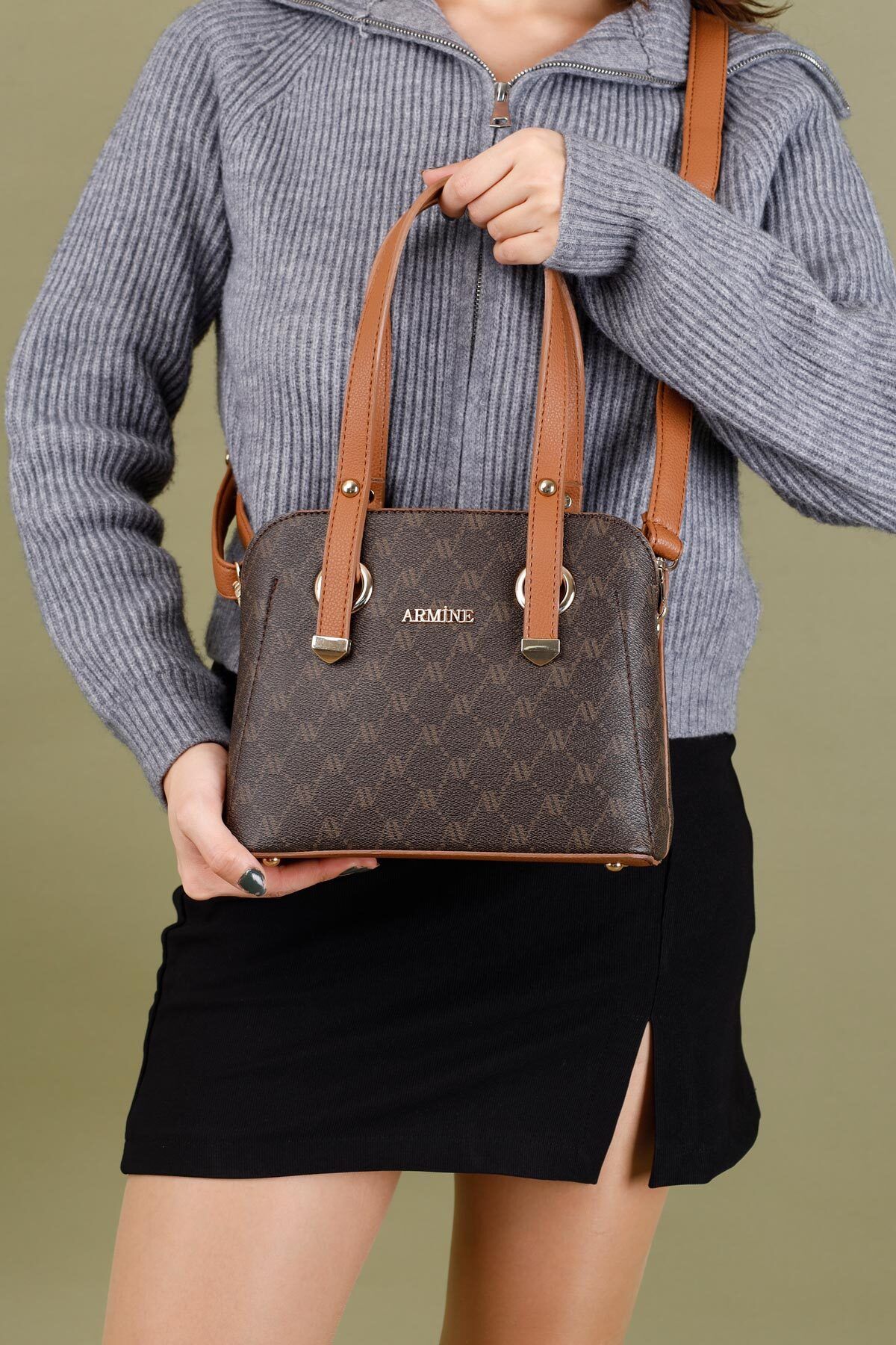 Getcho-Armine364 Natare Brown Dotted Patterned Large Size Shoulder Bag Zippered Wide Daily and Office Use 2