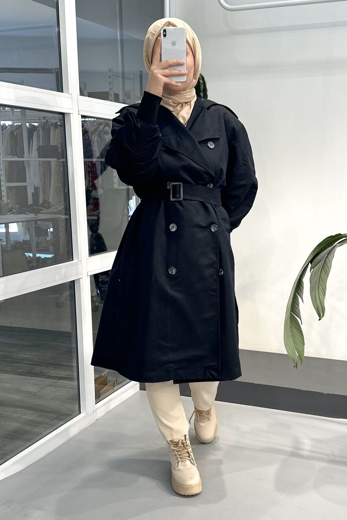 ModaSelin-Ms194 Sleeve Gathered Black Trench Coat 1