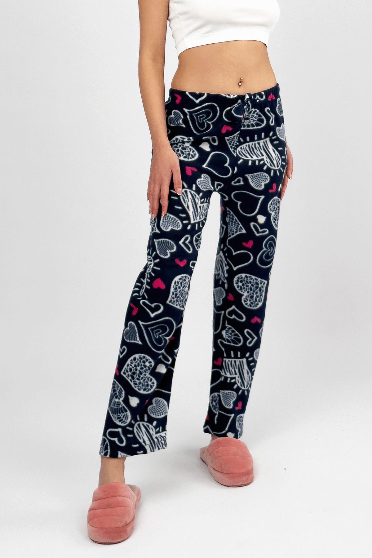 Betimoda-White Big Heart Women's Fleece Pajama Bottoms Winter Elastic Waist Single Bottom 7