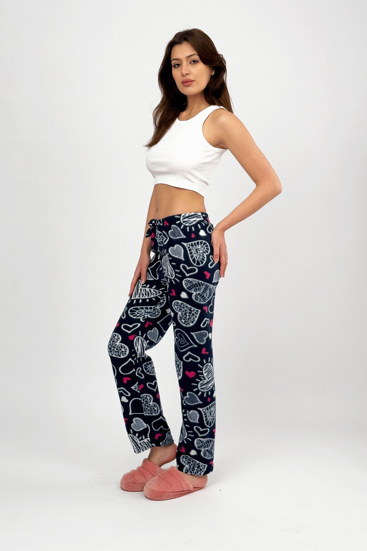 Betimoda-White Big Heart Women's Fleece Pajama Bottoms Winter Elastic Waist Single Bottom 5
