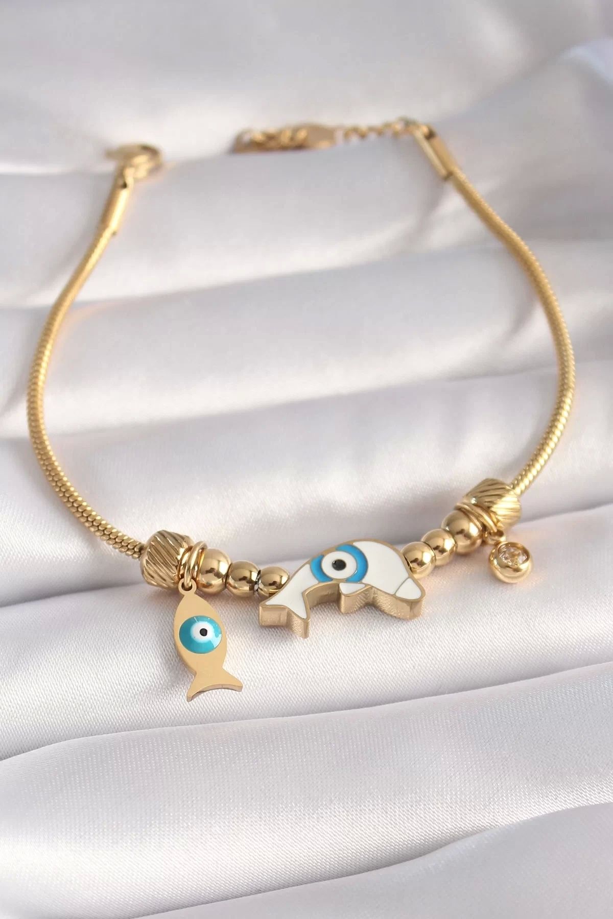 Clariss-316l Steel Gold Color Fish Figure Evil Eye Bead Embroidered Women's Bracelet 1