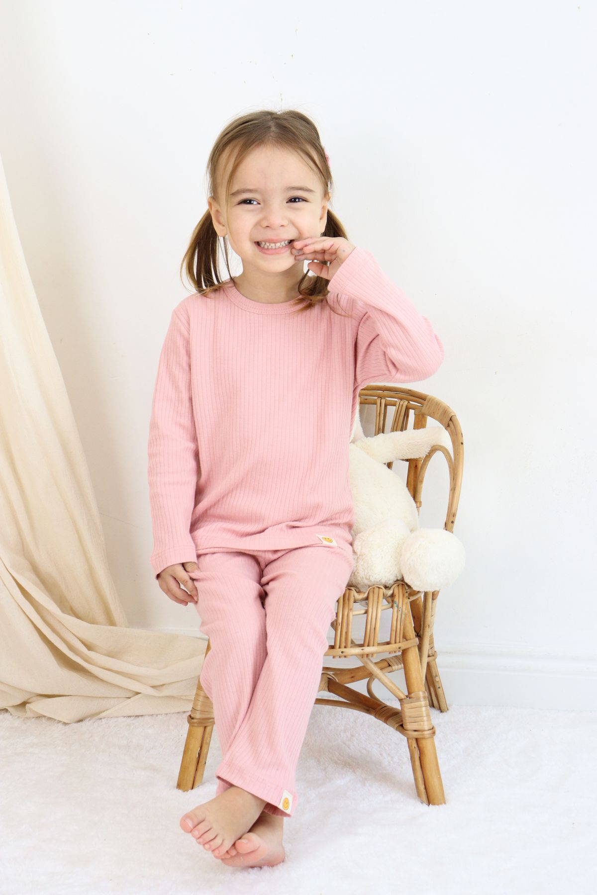 Basic Fitilli İnterlok Kumaş %100 Pamuk 1-5 Yaş Pudra Bebek Pijama Takımı