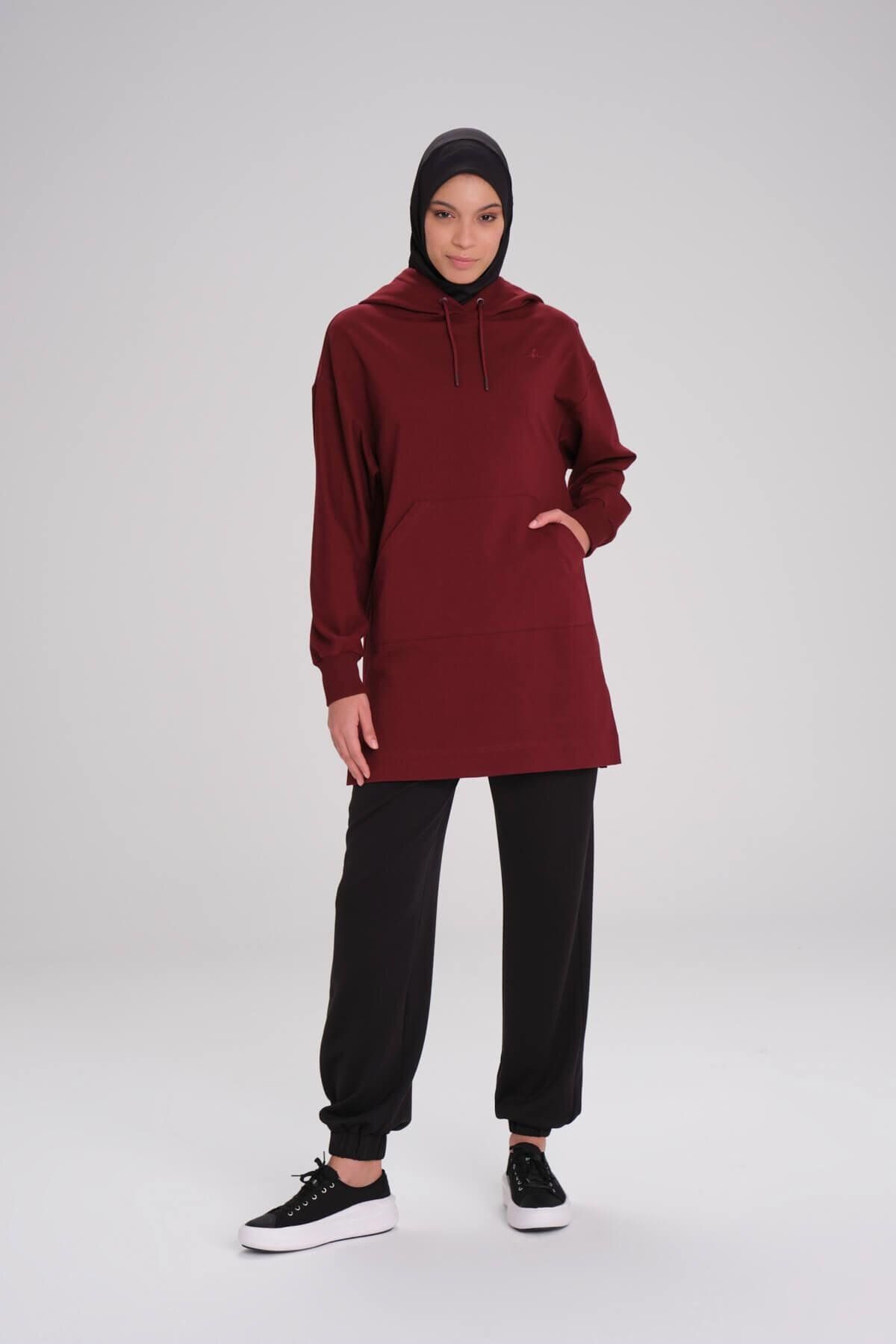 Haşema-Soft Textured Hooded Burgundy Basic Casual Sweatshirt Act-21 4