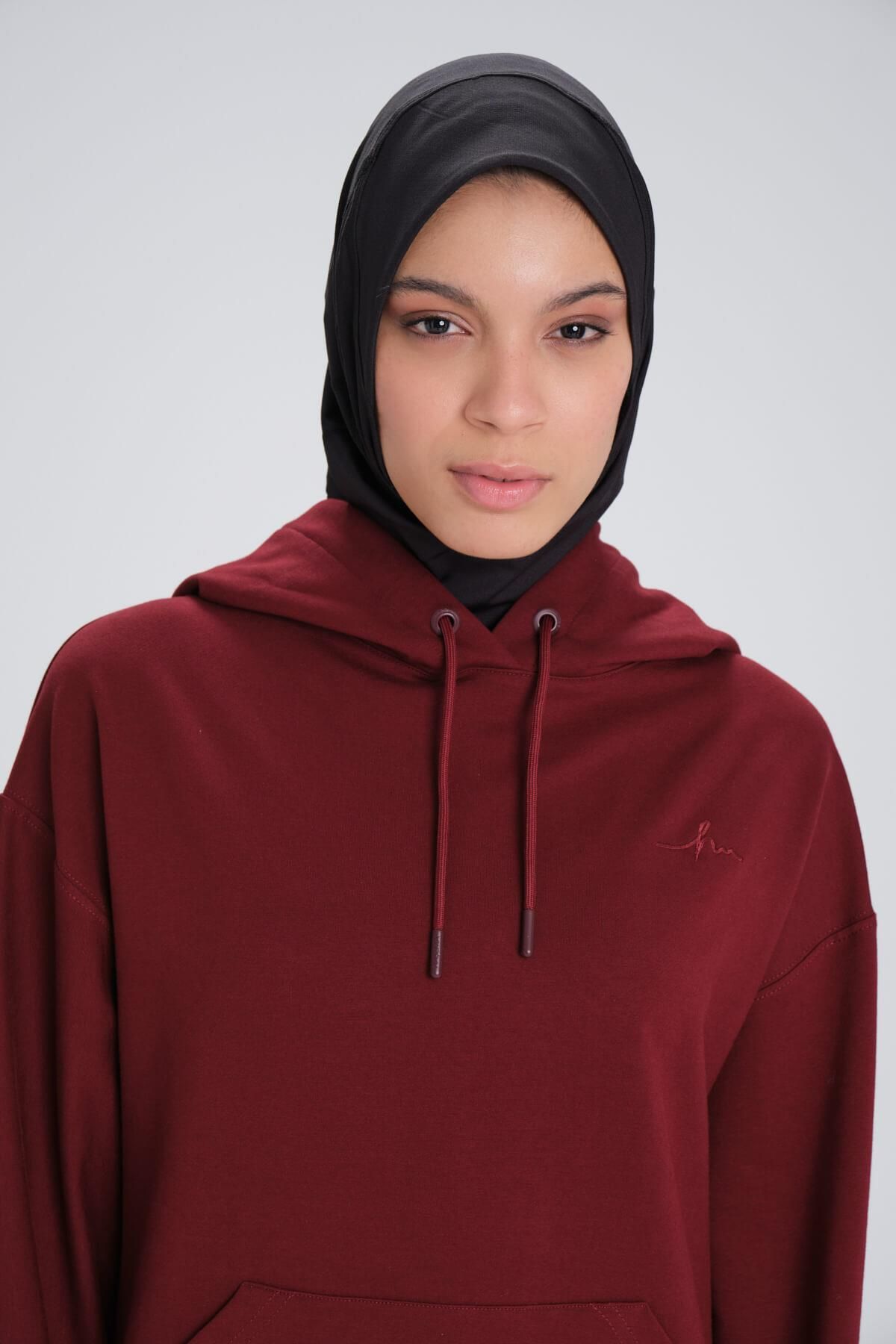 Haşema-Soft Textured Hooded Burgundy Basic Casual Sweatshirt Act-21 8