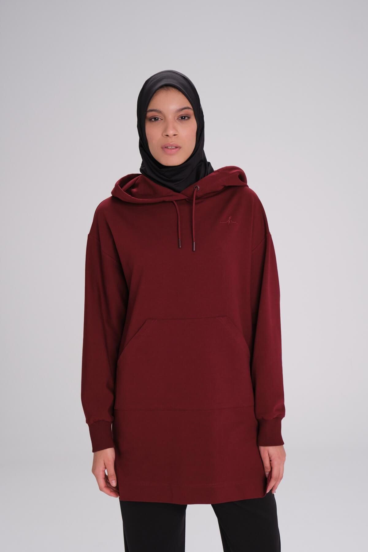 Haşema-Soft Textured Hooded Burgundy Basic Casual Sweatshirt Act-21 2