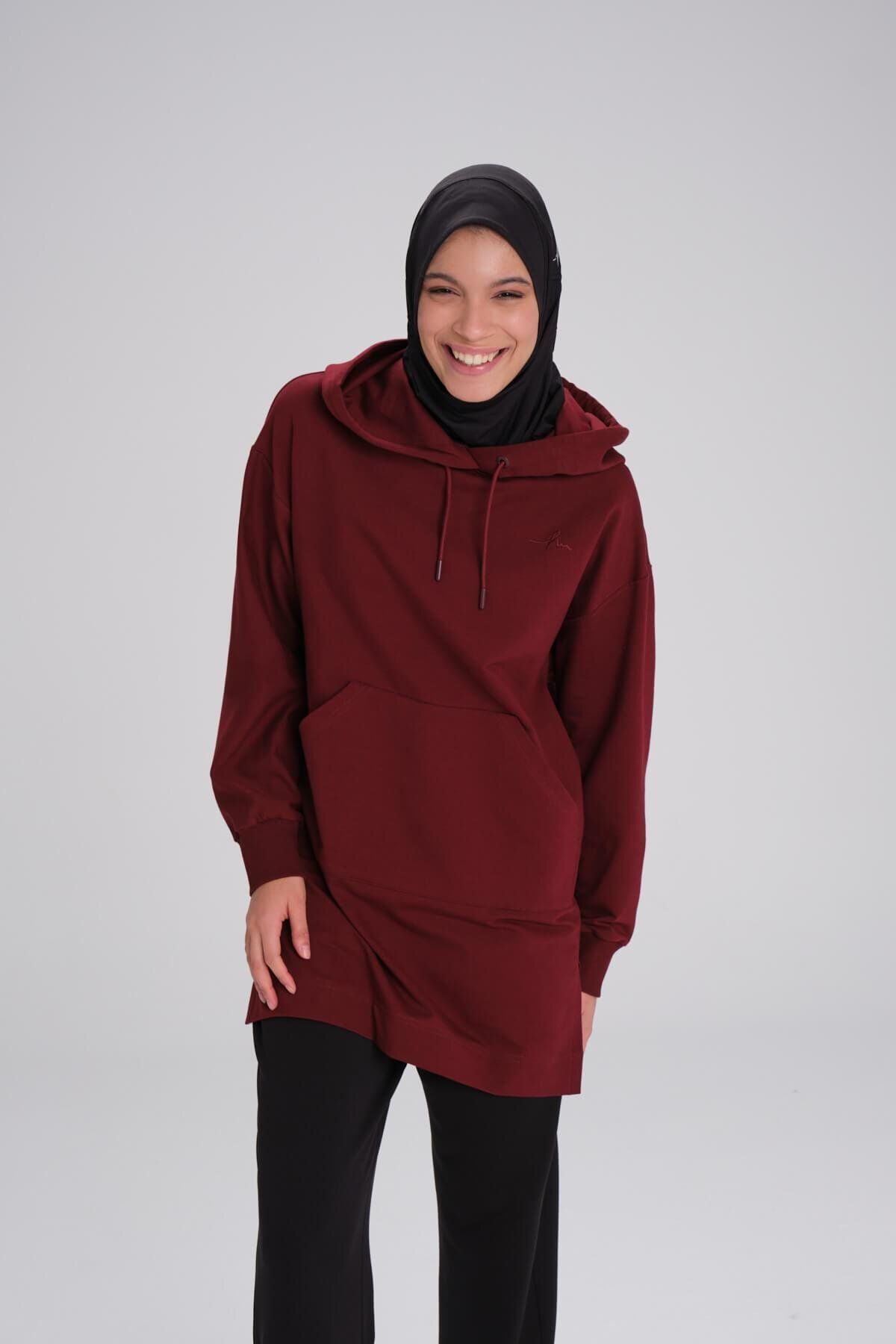 Haşema-Soft Textured Hooded Burgundy Basic Casual Sweatshirt Act-21 7