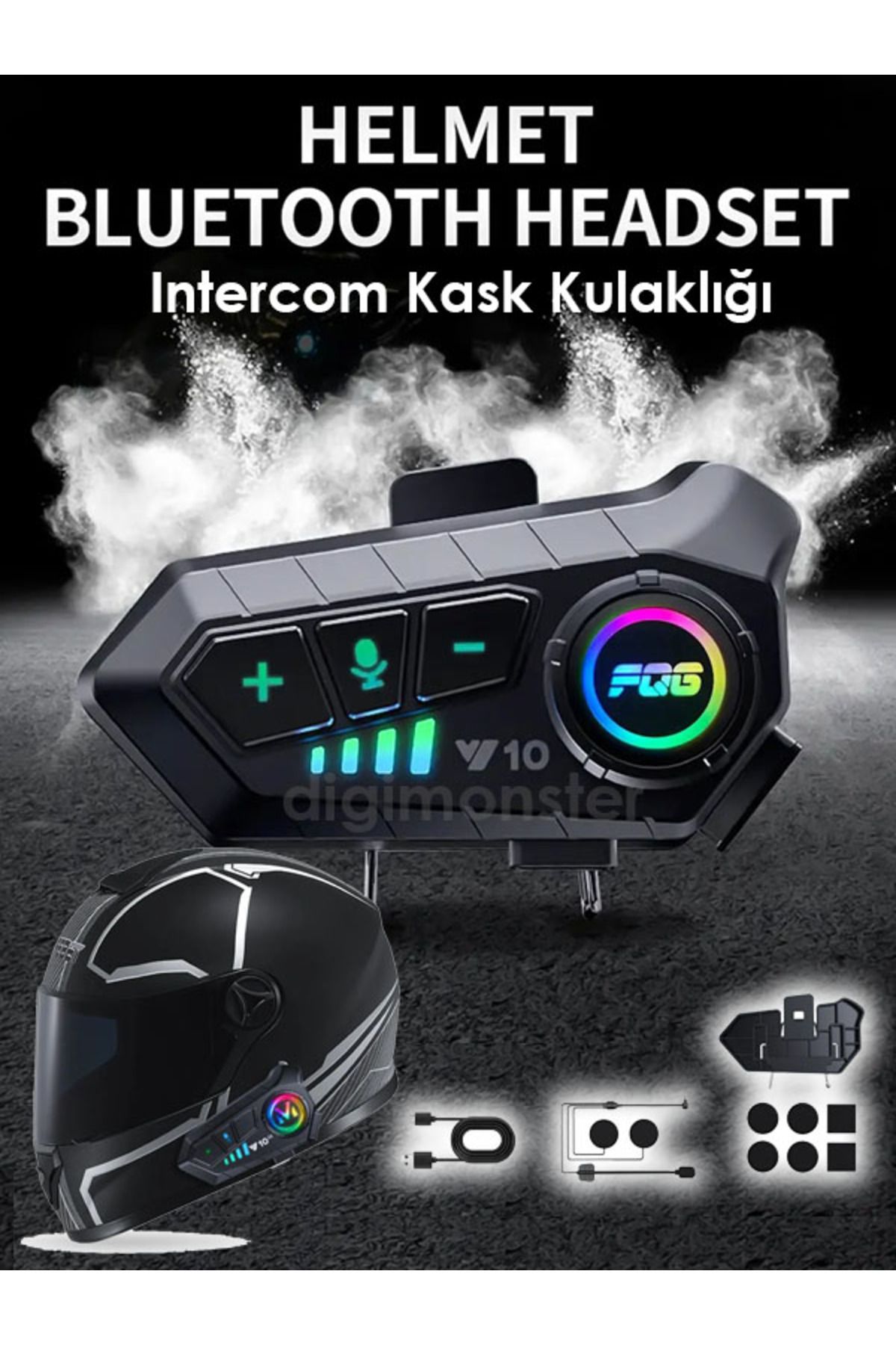 DigiMonster Intercom Y10 Motorsiklet Bluetooth Kulaklığı 2000 Mah Uzun Bekleme Süresi Su Geçirmez