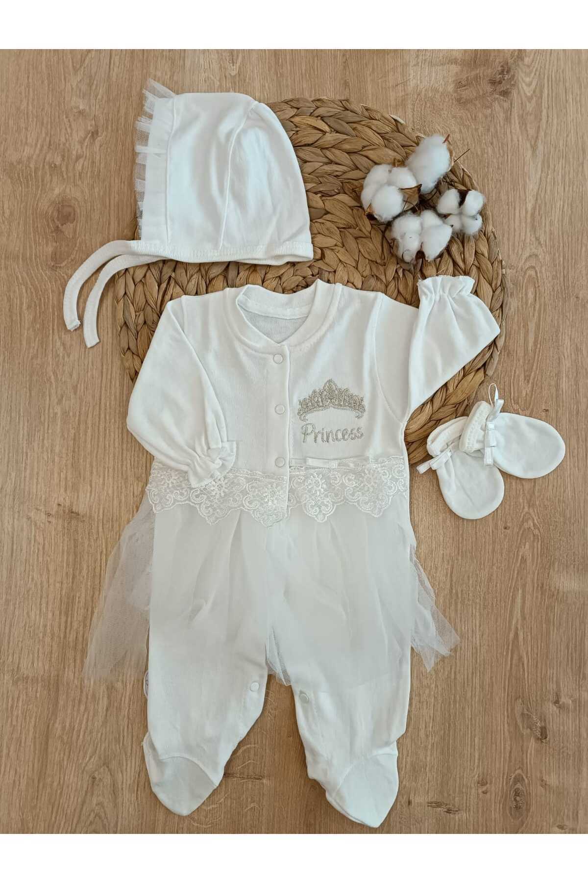 Tomuycuk Yenidoğan 10'lu Hastane Çıkışı %100 Pamuklu Özel Tasarım Mevsimlik Nakışlı Kız Bebek Ekru Hediyelik fotoğrafı 3 (önizleme)