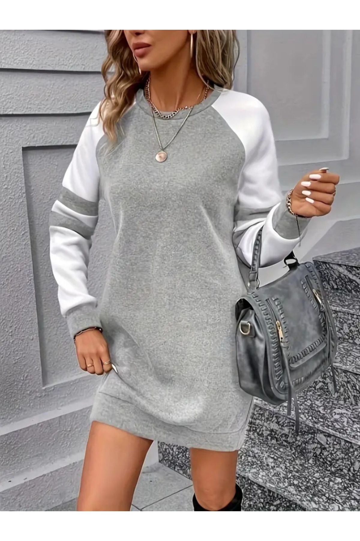 Viyamo-Women's Long Sleeve Crew Neck Hooded Three Thread Short Dress 2