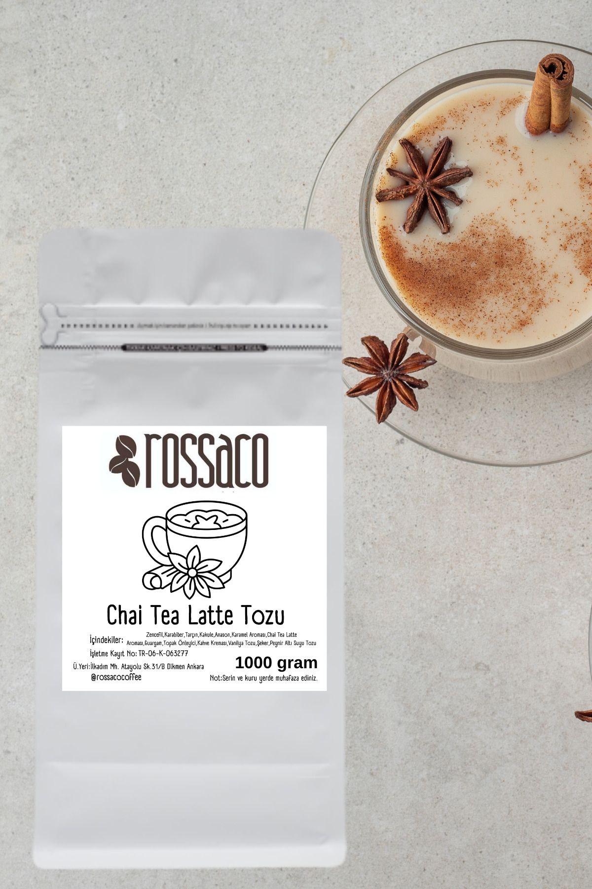 Rossaco Chai Tea Latte 1000 gram Baharat Karışımı Zencefil, Tarçın ve daha fazlası