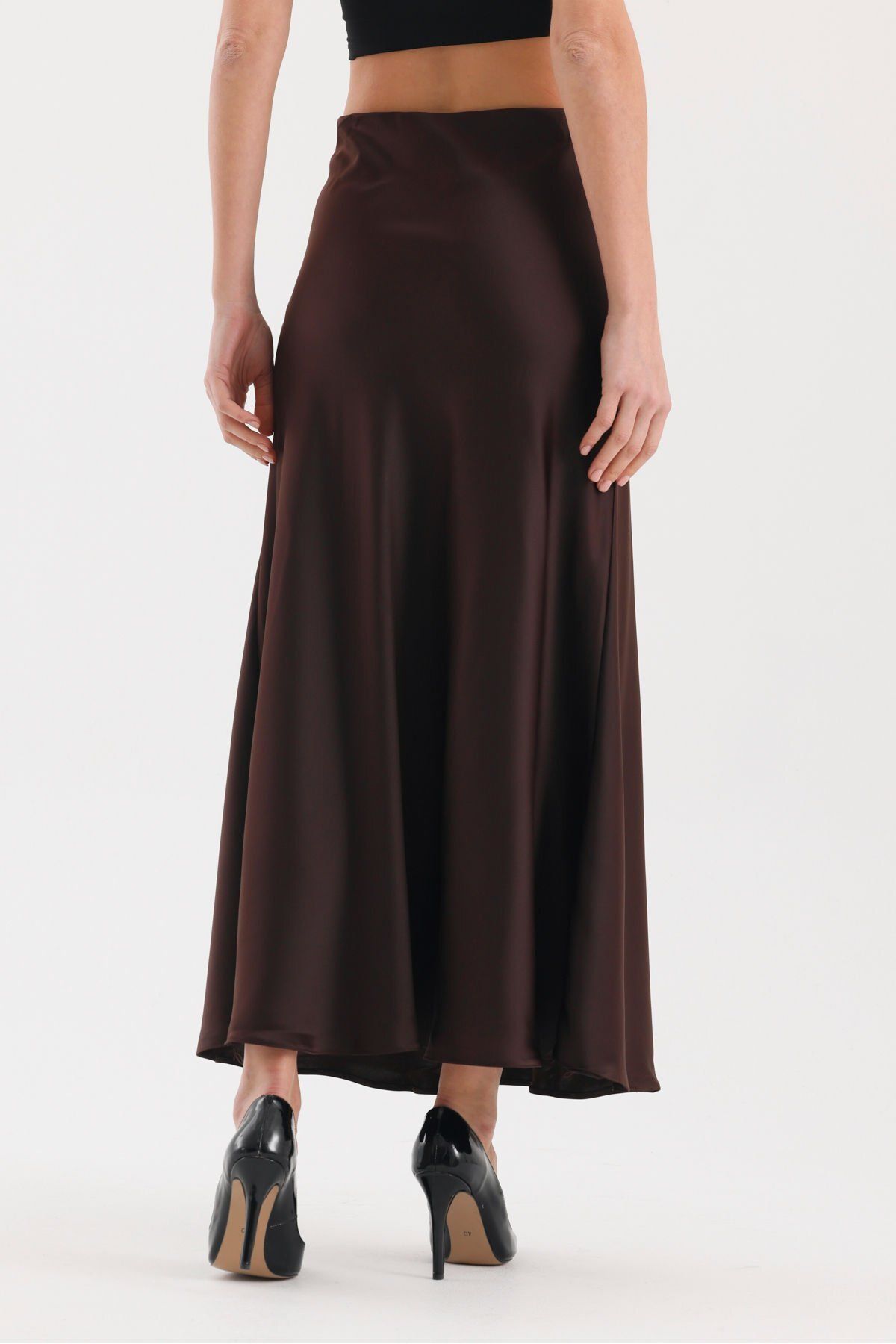 soBasic-Satin Fabric with Elastic Waistband Mid Waist Midi Skirt-M - Brown 8