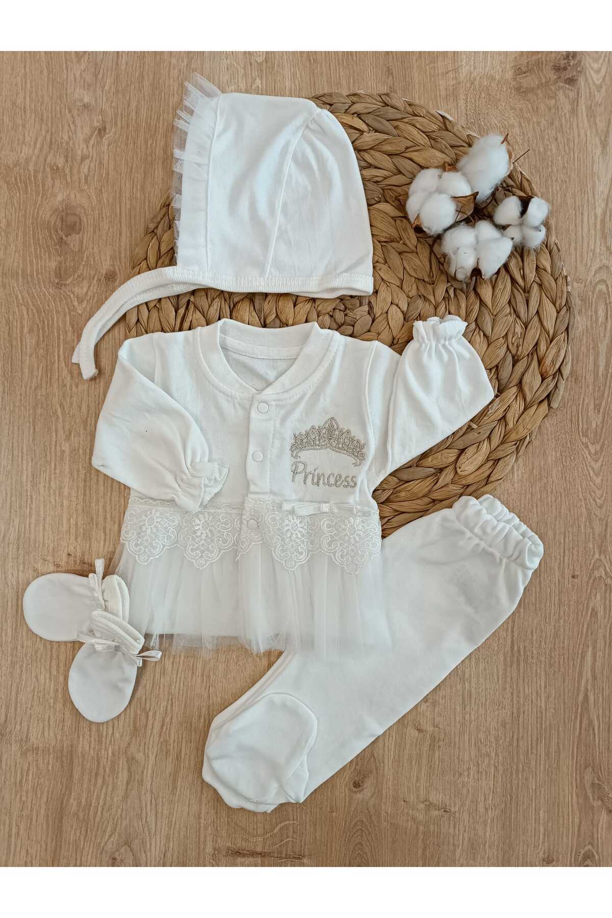 Tomuycuk Yenidoğan 10'lu Hastane Çıkışı %100 Pamuklu Özel Tasarım Mevsimlik Nakışlı Kız Bebek Ekru Hediyelik fotoğrafı 2 (önizleme)