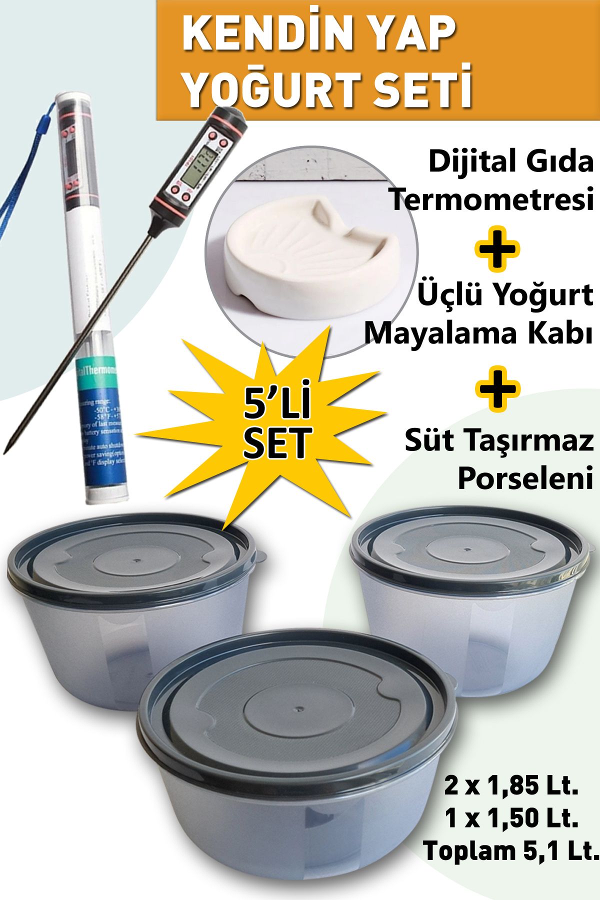 Deftion 5'li Yoğurt Ve Kefir Mayalama Seti Kendin Yapma Makinesi Gıda Termometresi Ve Kabı Tenceresi Taşmazı