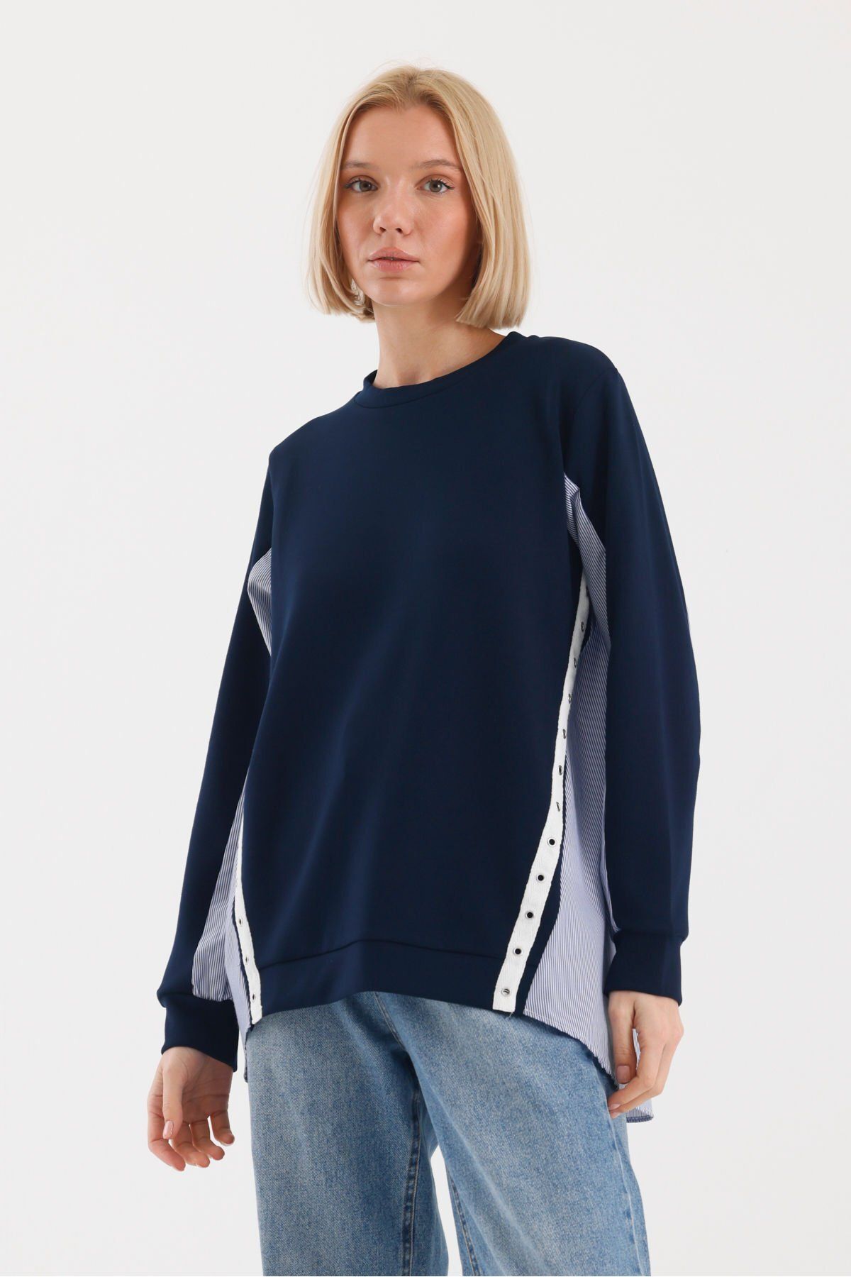 soBasic-Μπλε Navy Relaxed Sweatshirt - Casual Style, Color Block, Ύφασμα Poplin, Bird Eye Detail - M 2