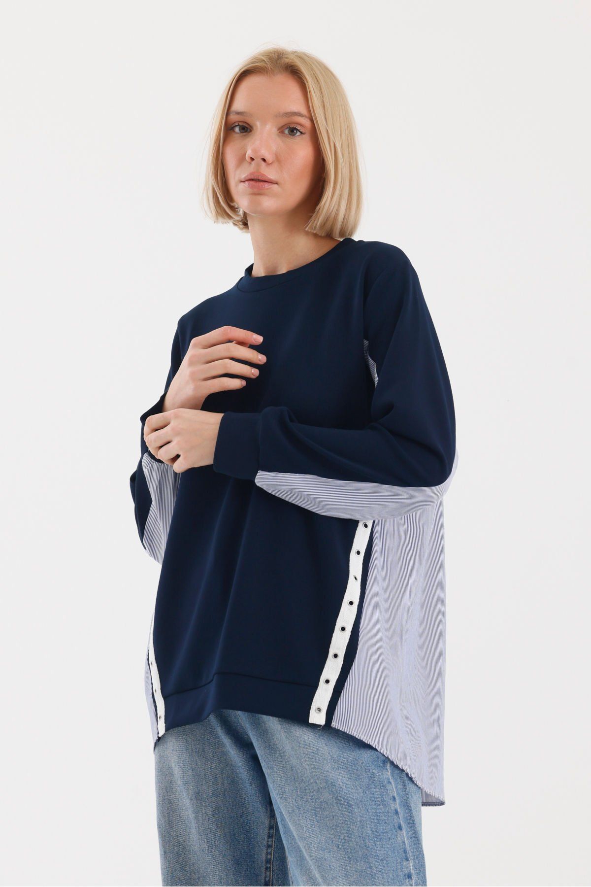 soBasic-Μπλε Navy Relaxed Sweatshirt - Casual Style, Color Block, Ύφασμα Poplin, Bird Eye Detail - M 3