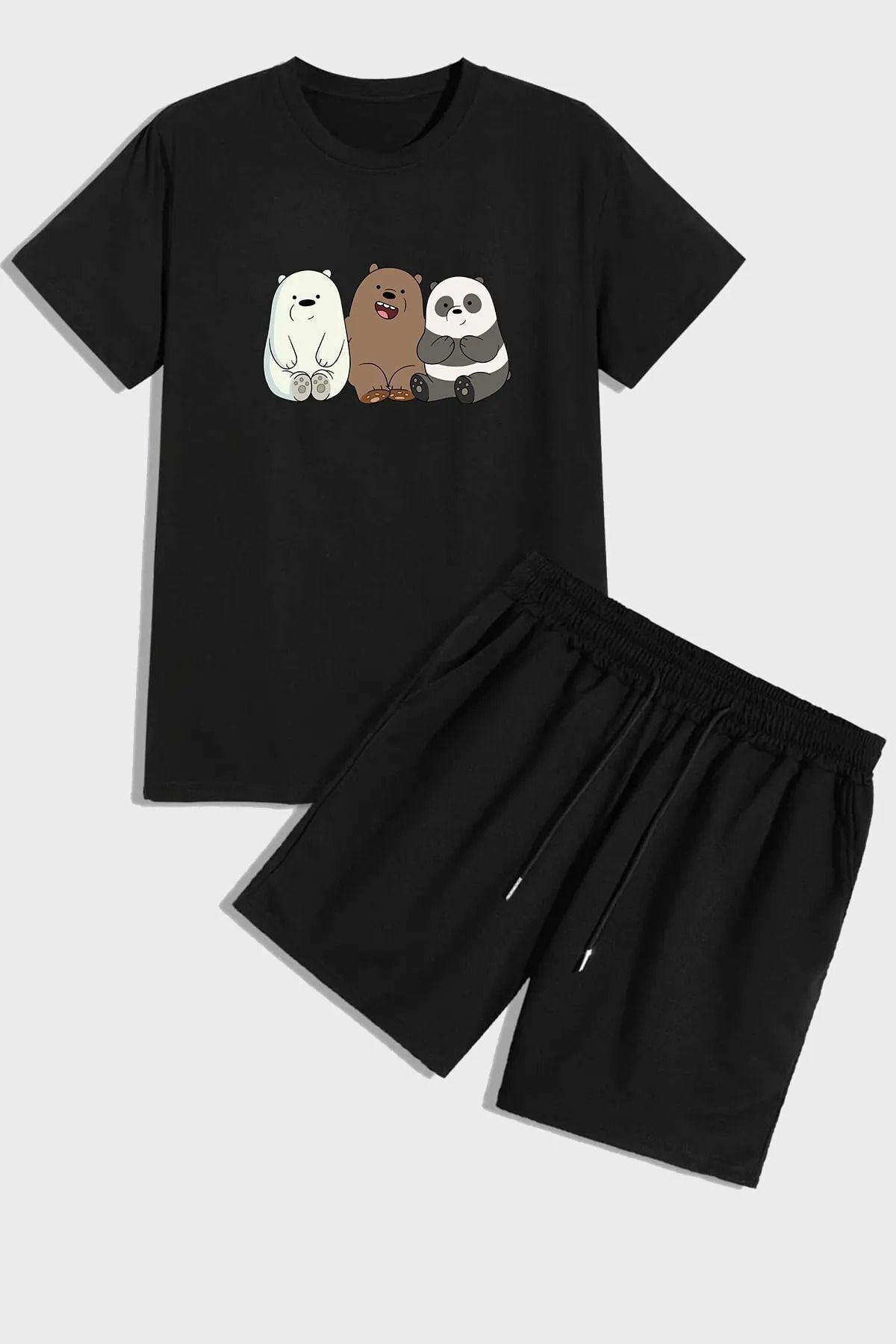 Mythologie Kafadar Ayılar T-shirt Penye Şort - Siyah Şort Tişört Takım Baskılı Oversize Bisiklet Yaka