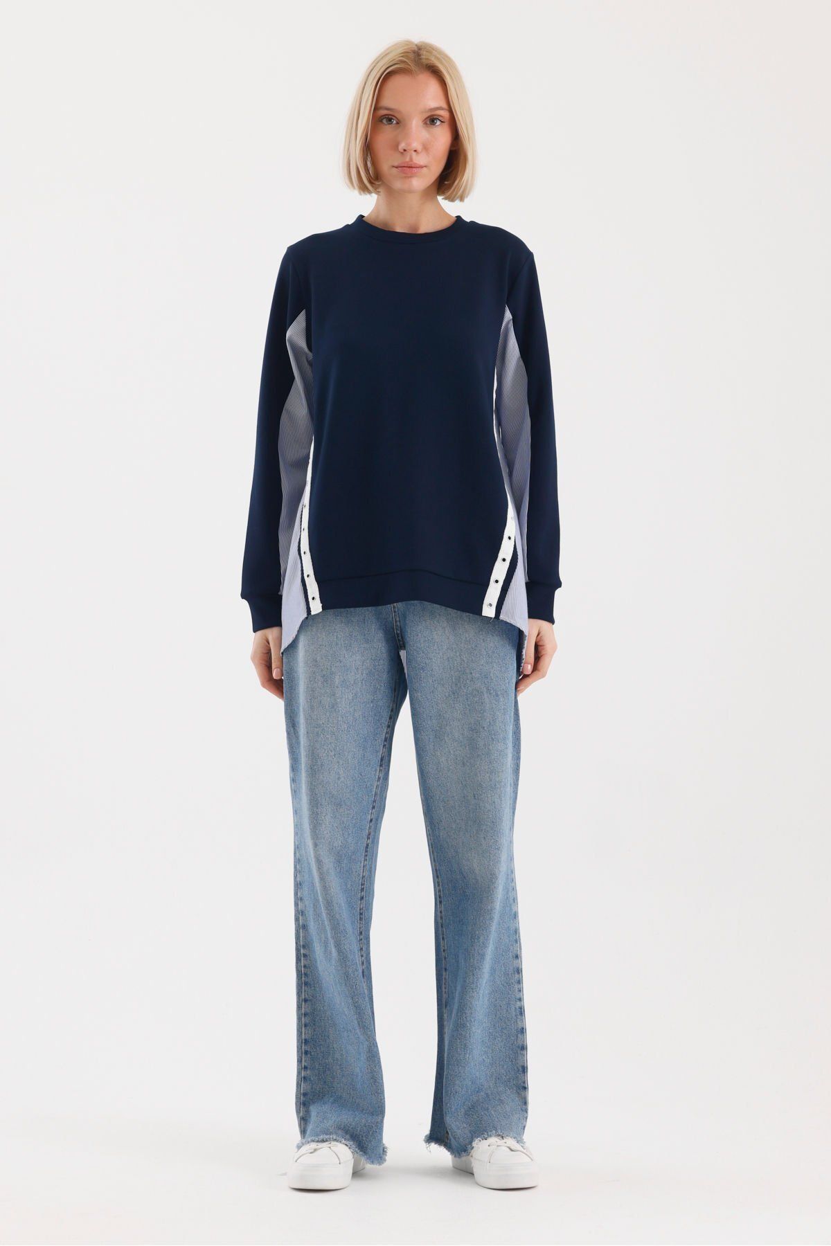soBasic-Μπλε Navy Relaxed Sweatshirt - Casual Style, Color Block, Ύφασμα Poplin, Bird Eye Detail - M 1