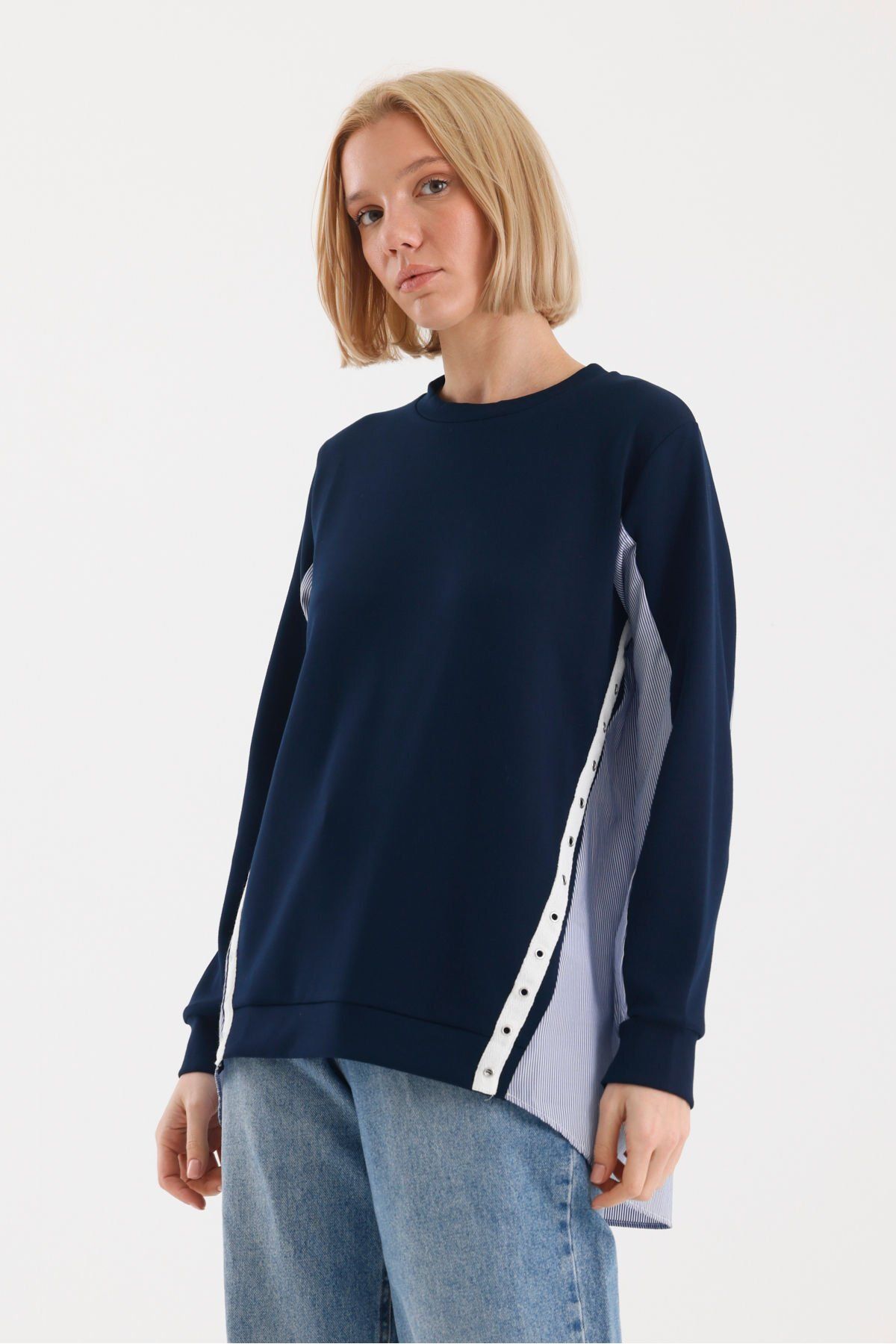 soBasic-Μπλε Navy Relaxed Sweatshirt - Casual Style, Color Block, Ύφασμα Poplin, Bird Eye Detail - M 5