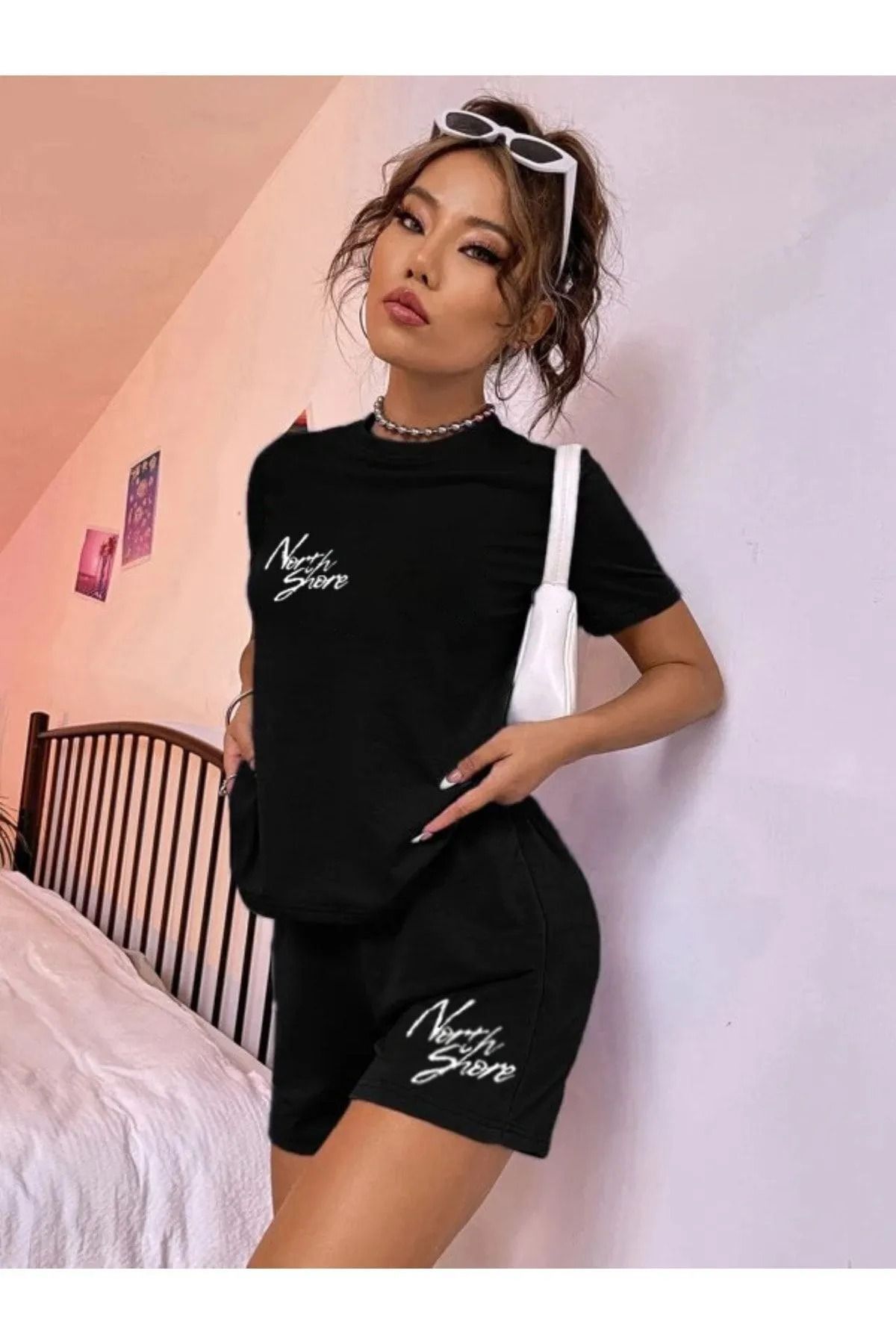 Trendglow Nort Shore T-shirt Penye Şort - Siyah Şort Tişört Takım Baskılı Oversize Bisiklet Yaka
