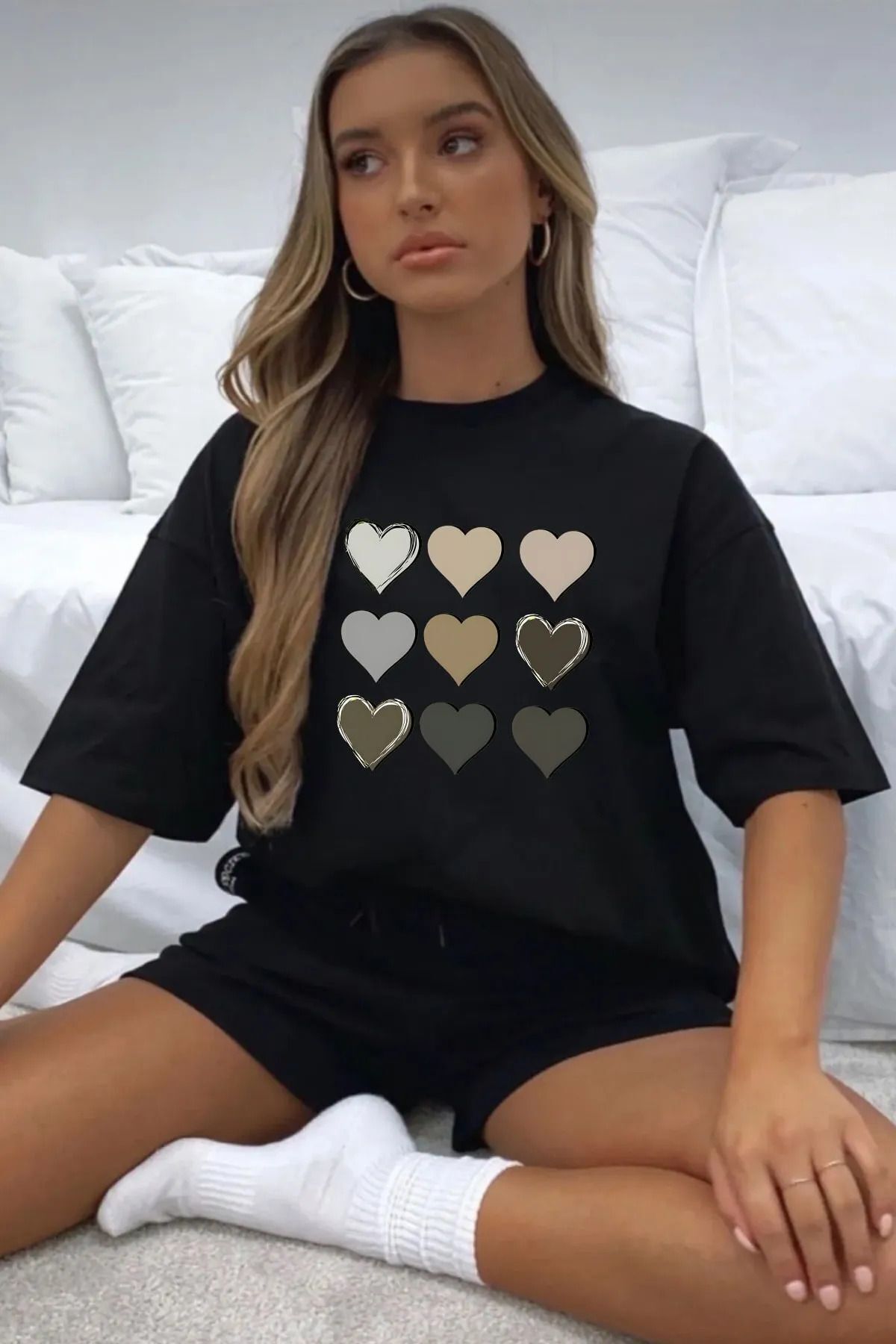 Trendglow Kalpler Desenli T-shirt Penye Şort - Siyah Şort Tişört Takım Baskılı Oversize Bisiklet Yaka