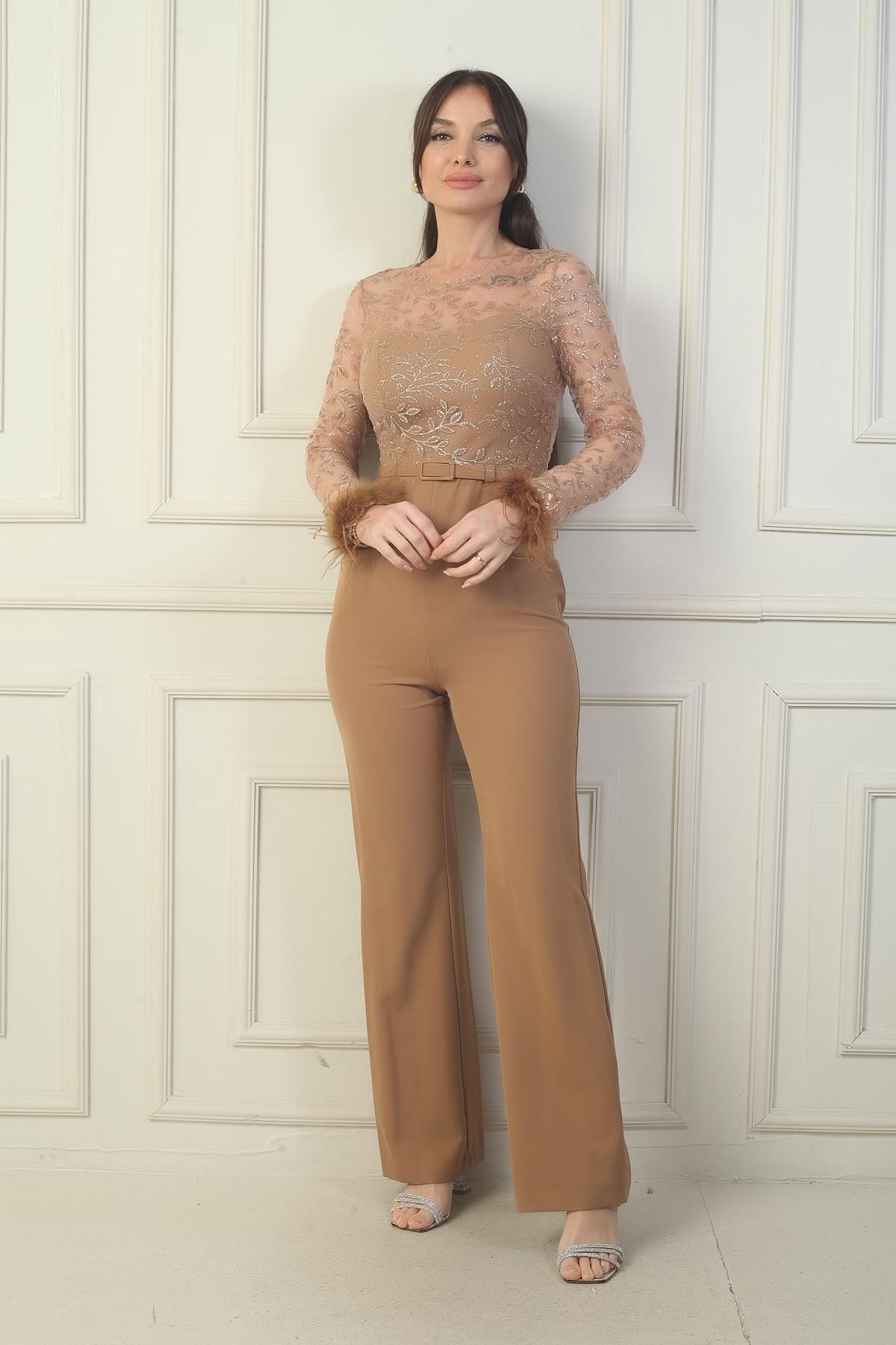 LipLipo Kadın Üstü Tül Yaprak Flok Baskılı Kol Uçları Tüylü Kemerli Krep Tulum
