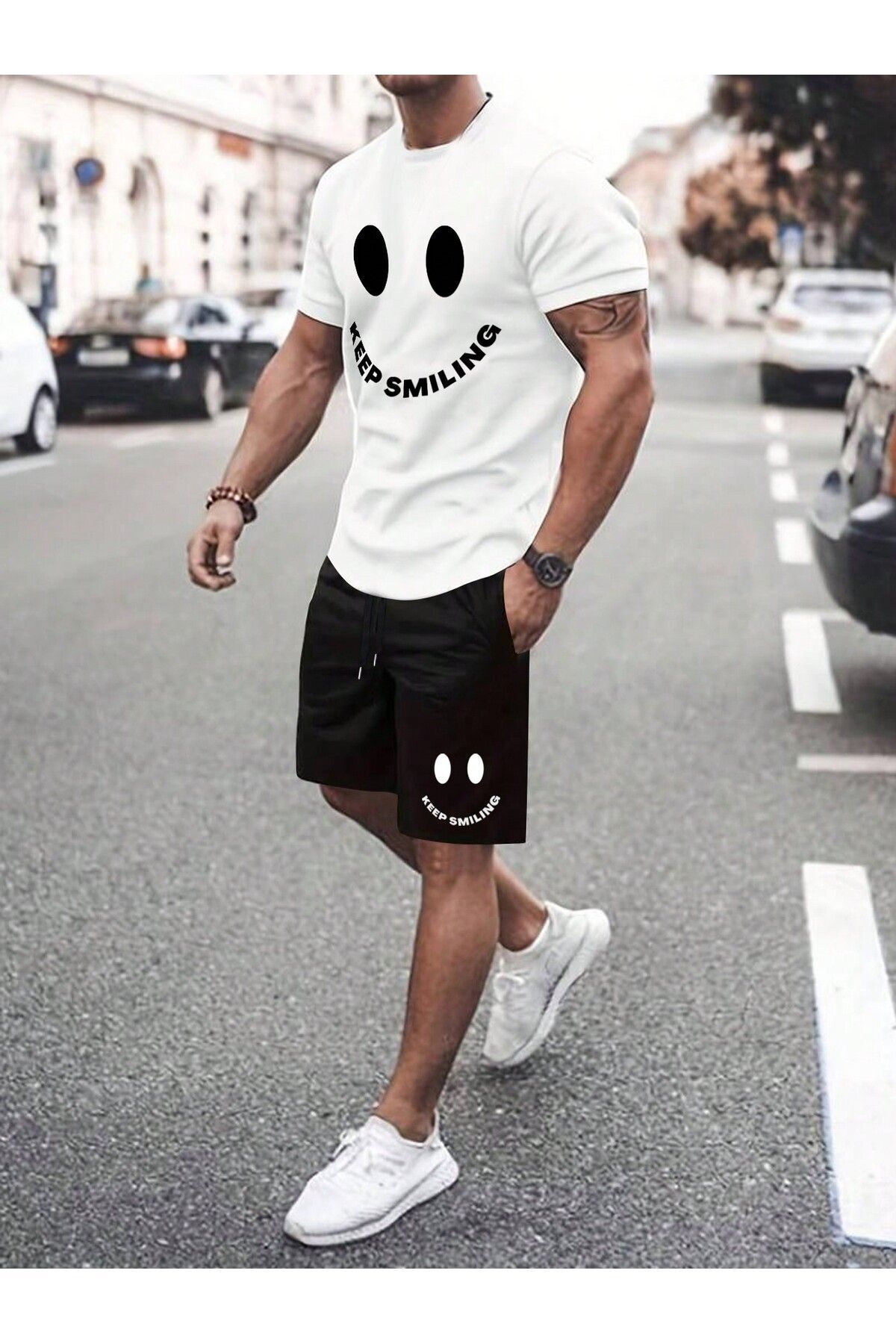 Mythologie Keep Smiling T-shirt Penye Şort - Beyaz Siyah Şort Tişört Takım Baskılı Oversize Bisiklet Yaka