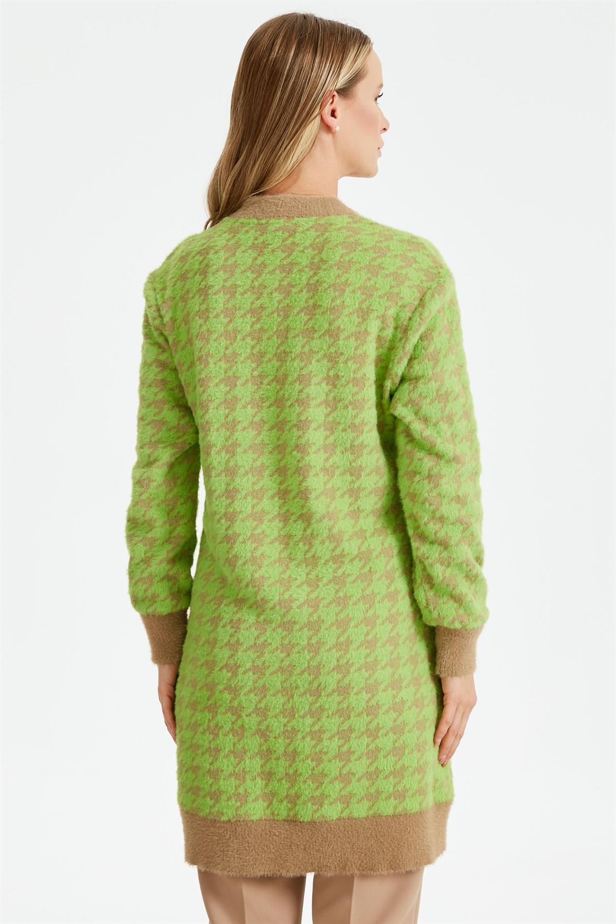 Tığ Triko-Lime Colored Houndstooth Bomber Collar Cardigan 4