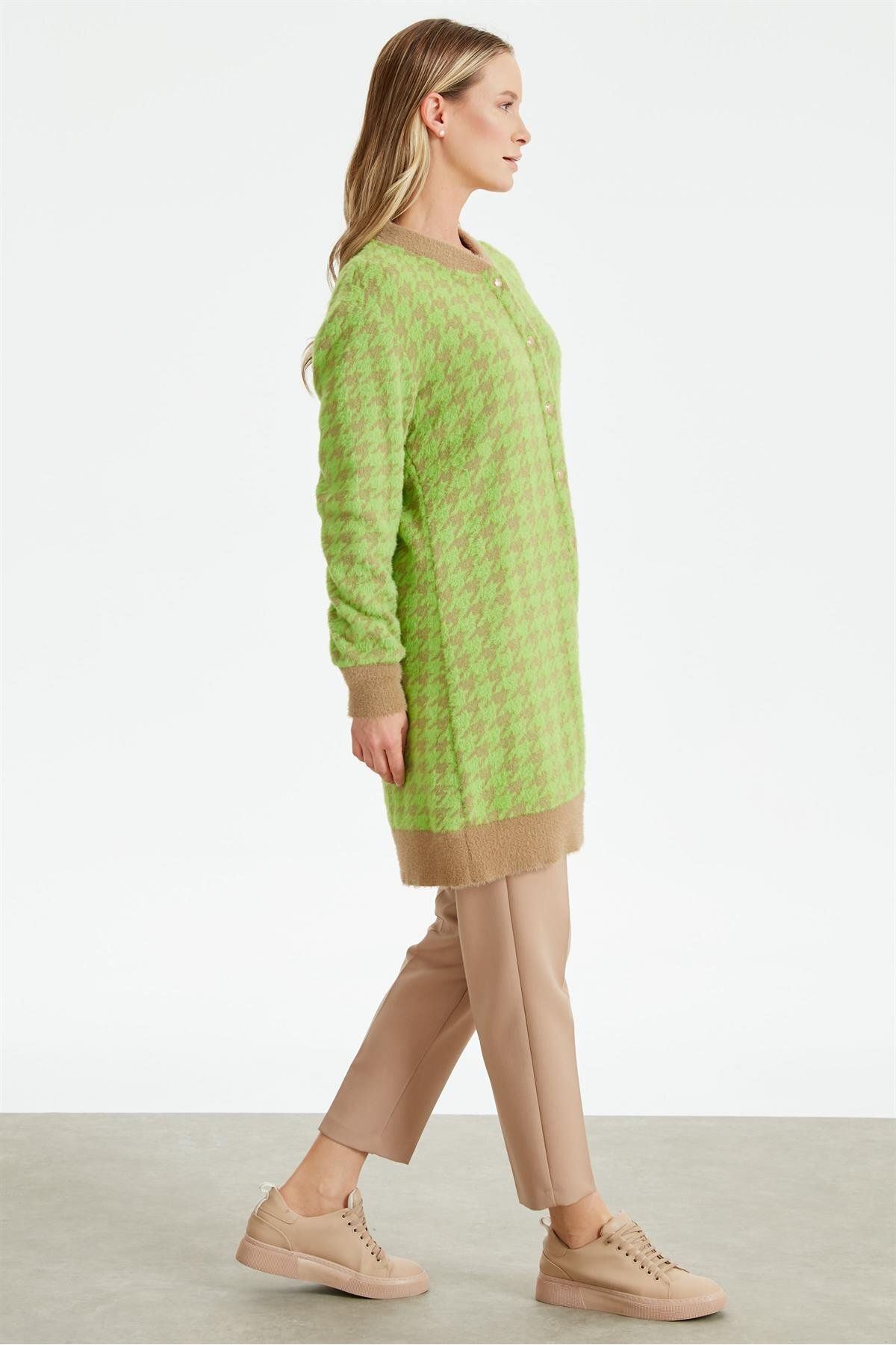 Tığ Triko-Lime Colored Houndstooth Bomber Collar Cardigan 3