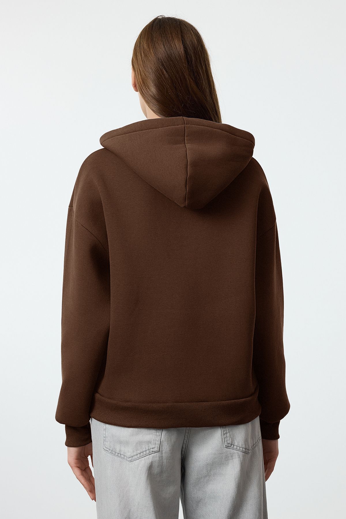 Trendyol Collection-Άνετο πλεκτό φούτερ σε καφέ φλις - TWOAW25SW00137 5