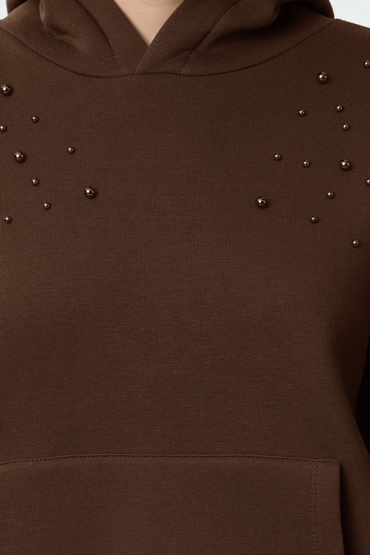 Trendyol Collection-Άνετο πλεκτό φούτερ σε καφέ φλις - TWOAW25SW00137 3