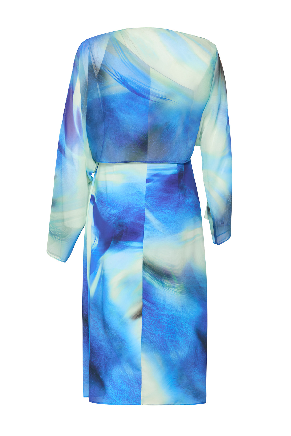 Trendyolmilla  Mavi Soyut Desenli Düz Kesim Pelerin Detaylı Maxi Astarlı Şifon Dokuma Elbise TWOSS25EL00014 - Görsel 7