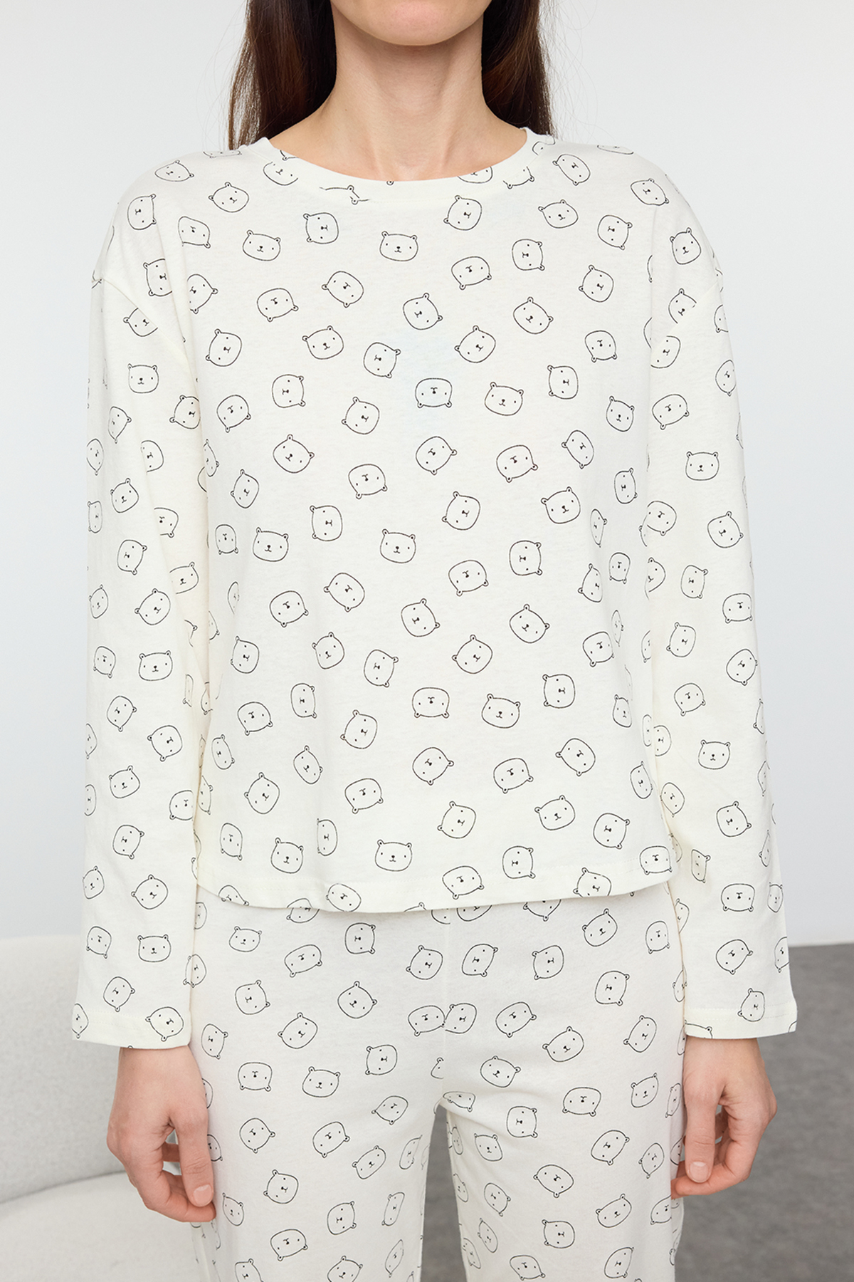 Trendyolmilla  Ekru %100 Pamuklu Ayıcıklı Örme Pijama Takımı THMAW25PT00131 - Görsel 3