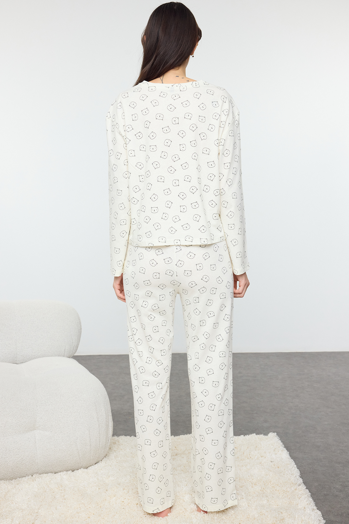 Trendyolmilla  Ekru %100 Pamuklu Ayıcıklı Örme Pijama Takımı THMAW25PT00131 - Görsel 5