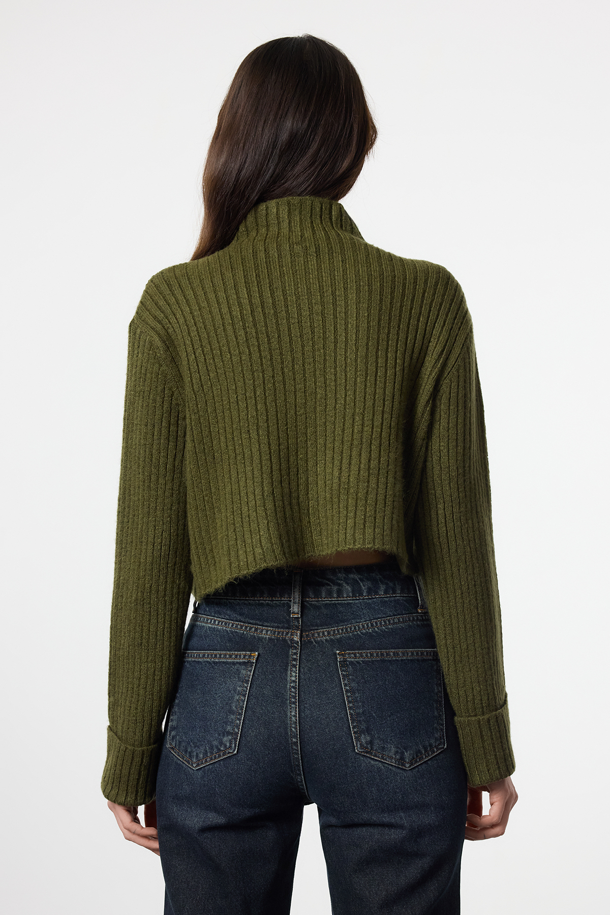 Trendyolmilla  Haki Crop Yumuşak Dokulu Dik Yaka Triko Hırka TWOAW22HI0174 - Görsel 5