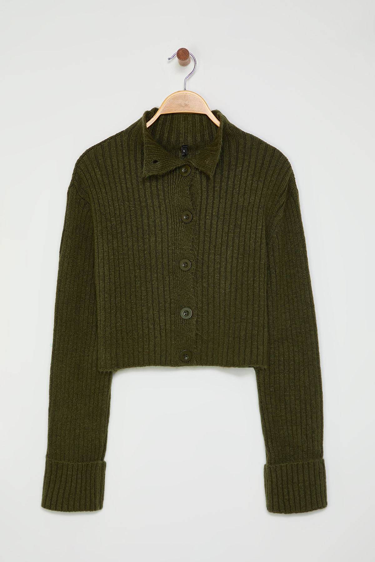 Trendyolmilla  Haki Crop Yumuşak Dokulu Dik Yaka Triko Hırka TWOAW22HI0174 - Görsel 6