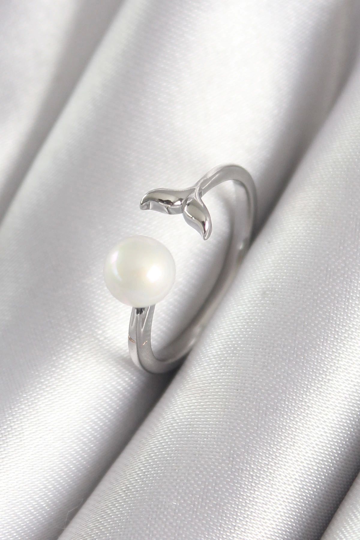 Eng-Brass Silver Color Ball Pearl Figure Fish Tail Model Women's Ring - TJ-BYK3075 1