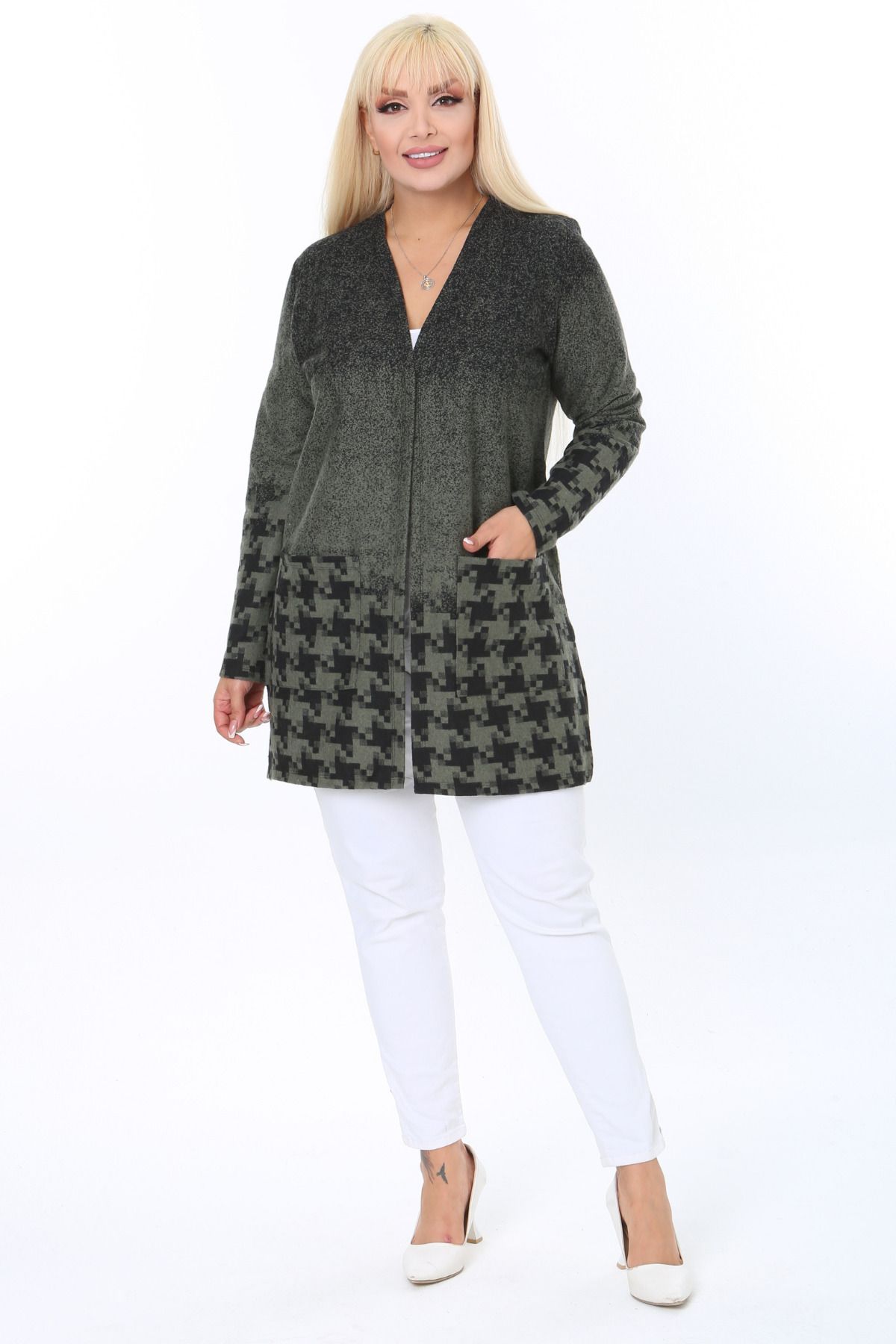 HERAXL-Women's Khaki Houndstooth Pattern Short Cardigan 4