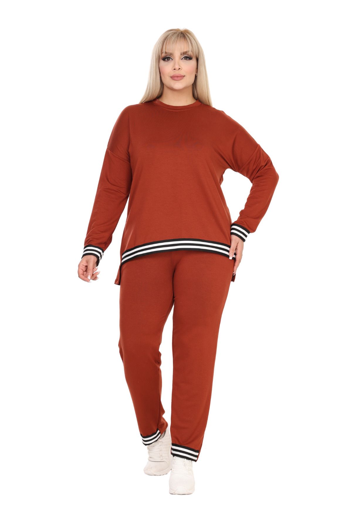 MELSAY-Women's Cinnamon Plus Size Crew Neck Stripe Detailed Long Sleeve Elastic Waist Tracksuit Set 1