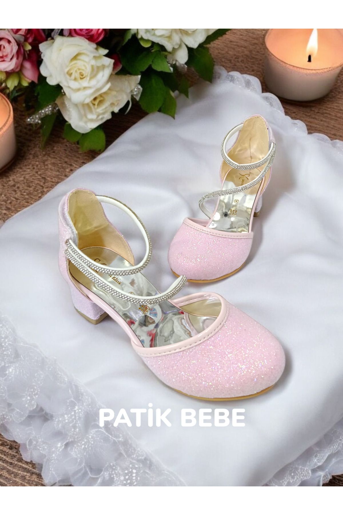 PATİK BEBE-Girl's Pink Color Heeled Stone Adhesive Cirted Evening Shoes 1