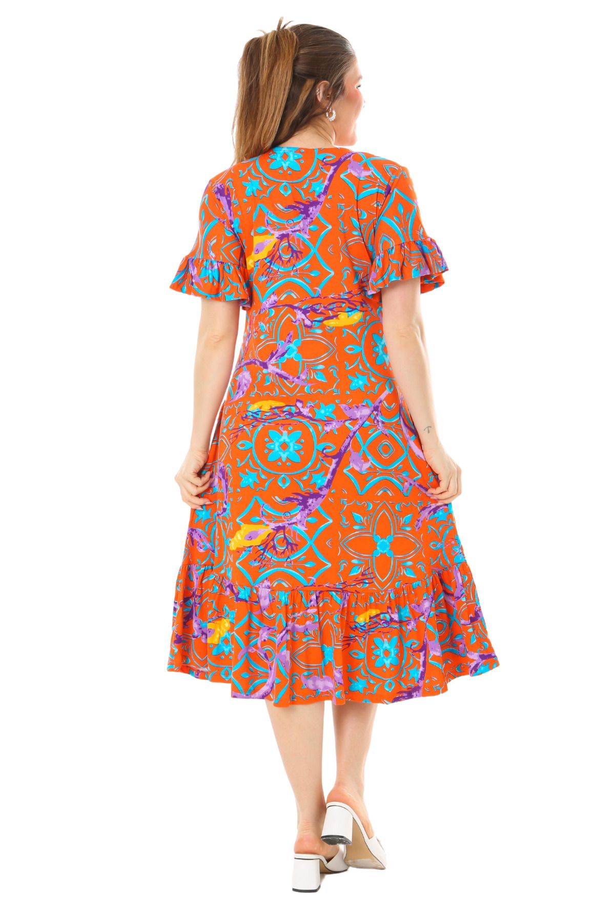 MELSAY-Fustă cu mânecă scurtă de damă cu model retro portocaliu rochie marime mari 5