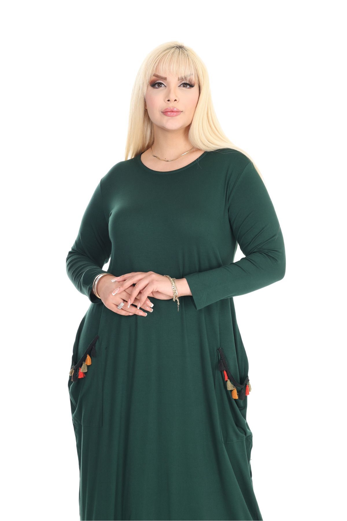 MELSAY لباس مجلسی بلند سایز منگوله دار سبز زمردی زنانه