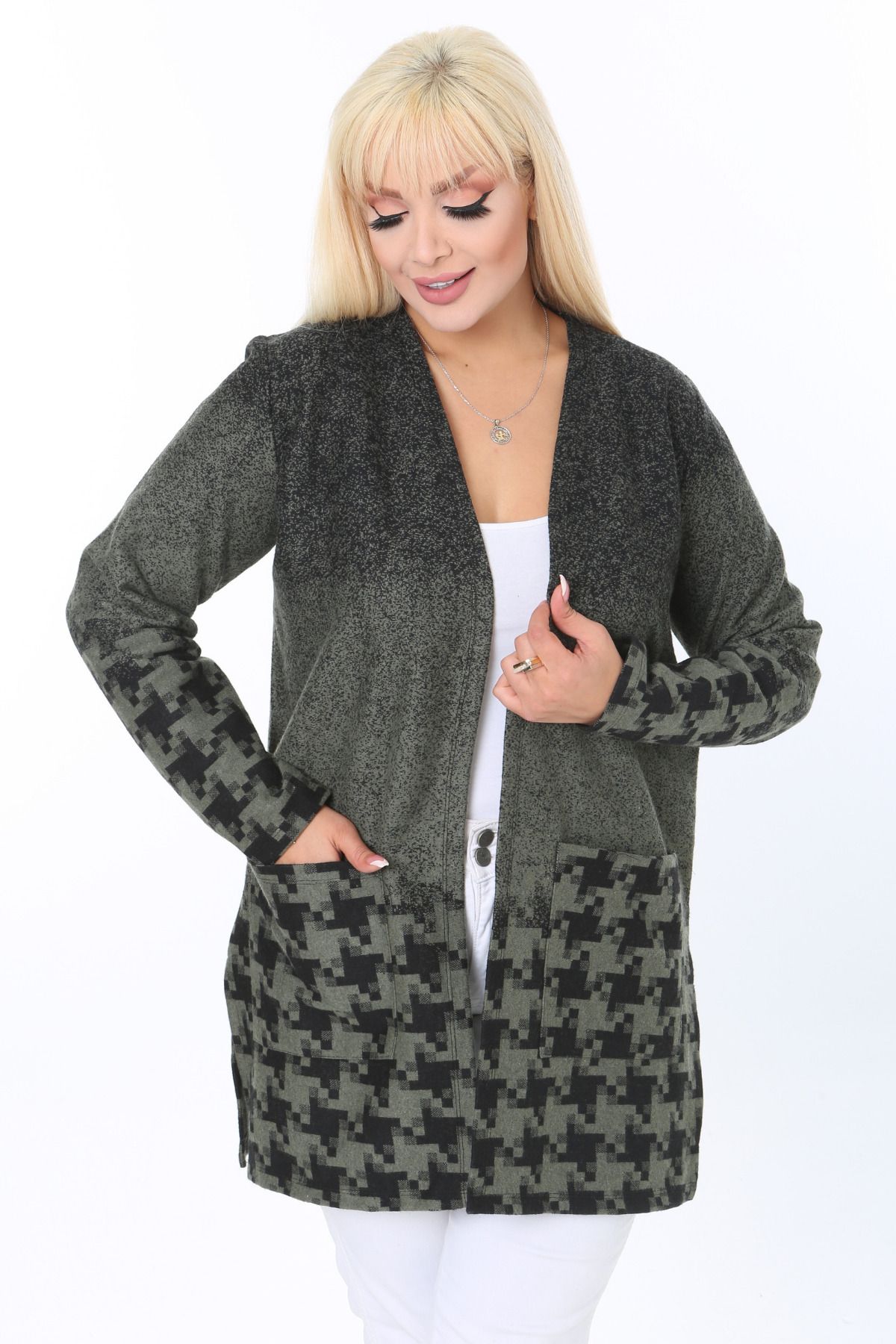 HERAXL-Women's Khaki Houndstooth Pattern Short Cardigan 2